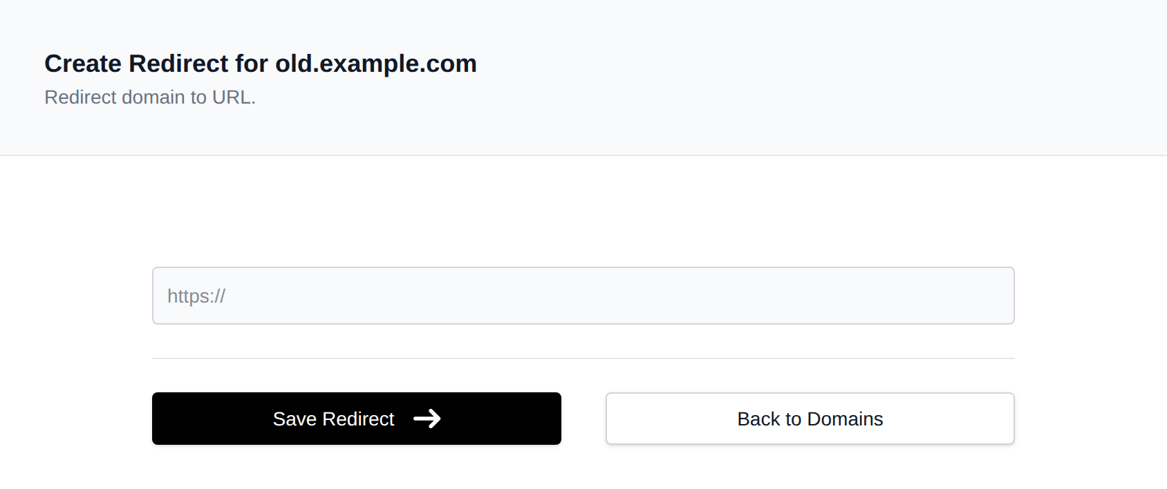 Redirect Domain to URL form with the destination URL field and the Save Redirect button