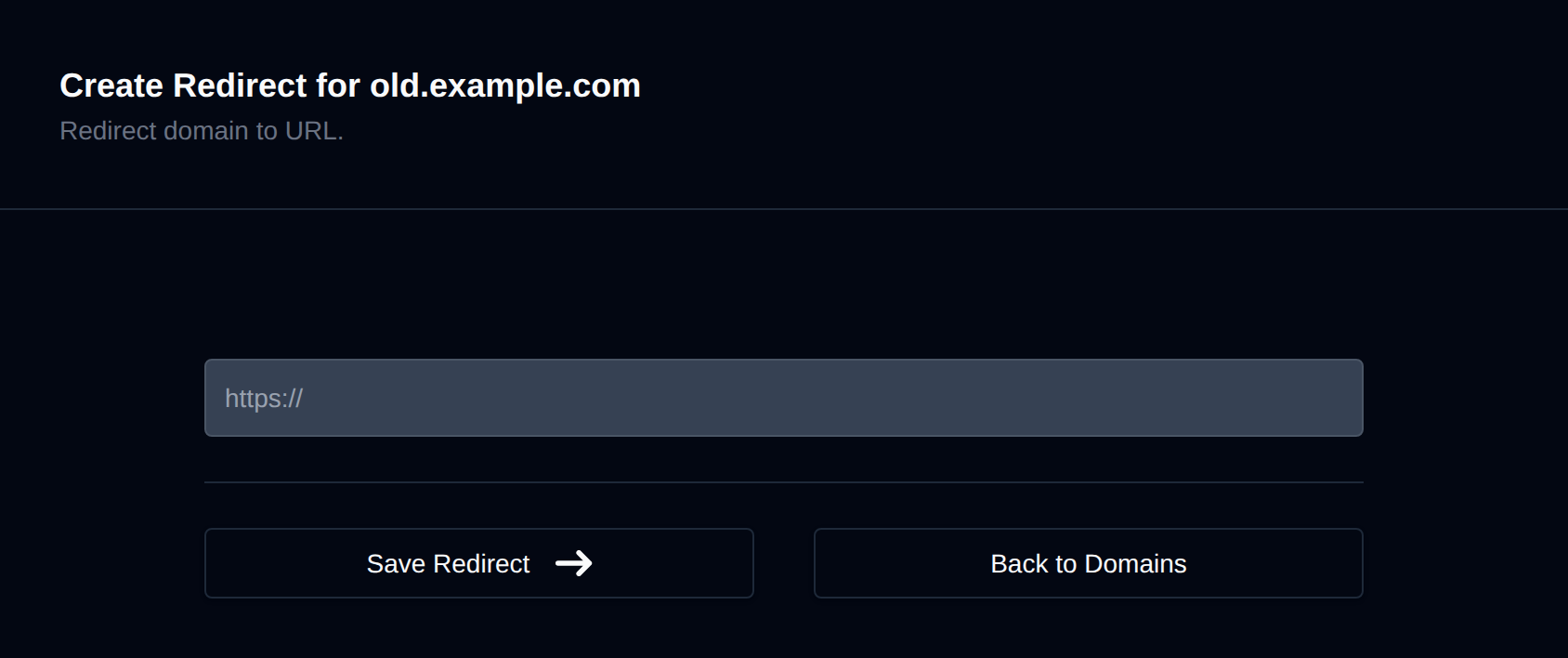 Redirect Domain to URL form with the destination URL field and the Save Redirect button