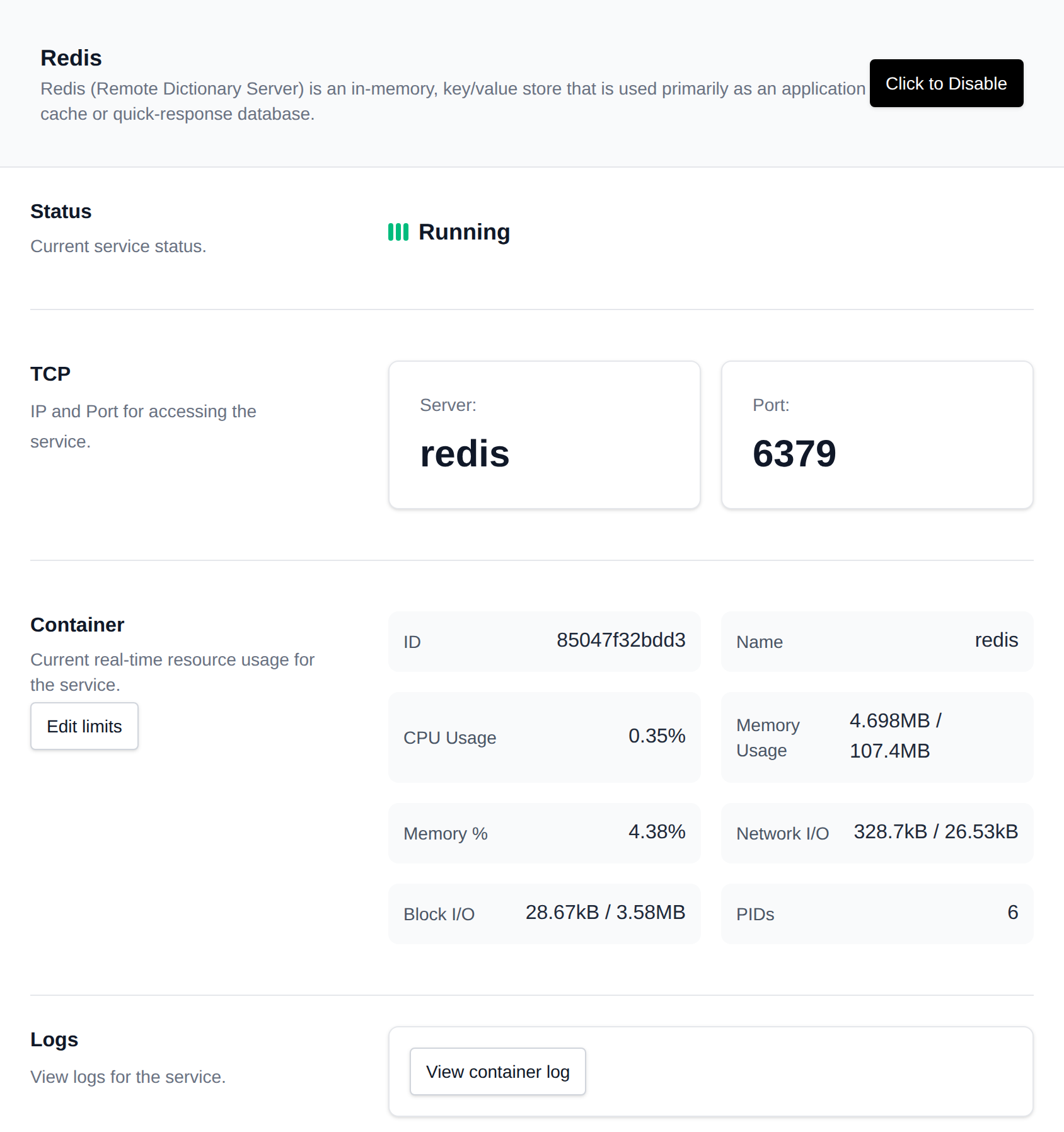 Redis page with the service status, TCP server and port, container resource usage and logs