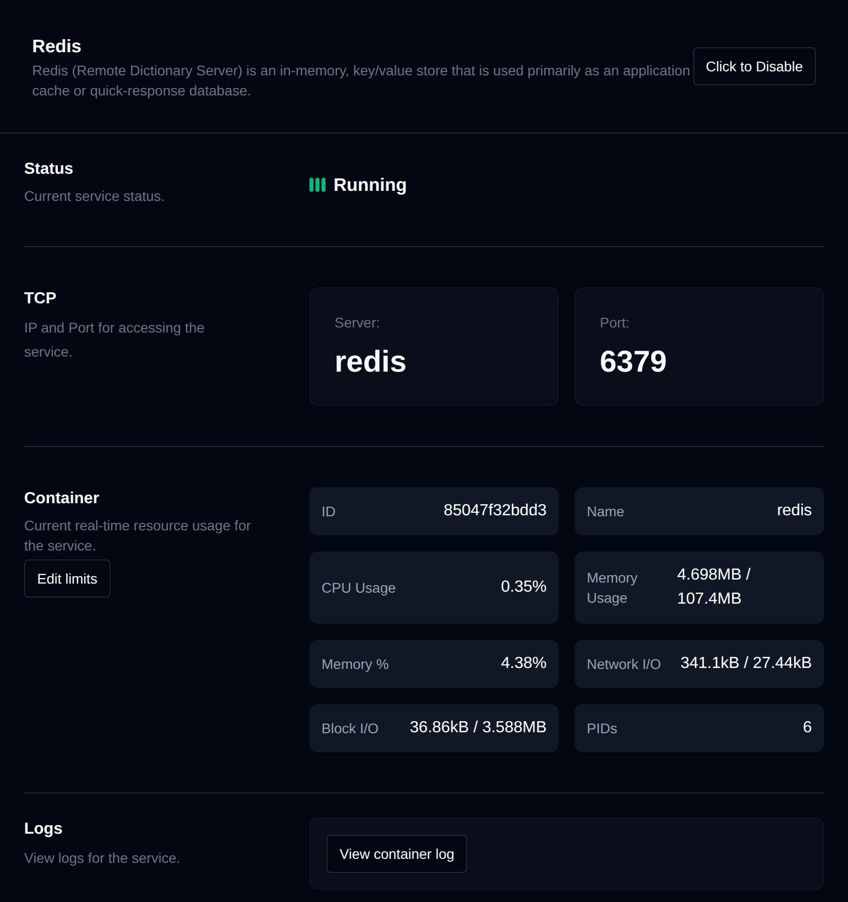 Redis page with the service status, TCP server and port, container resource usage and logs