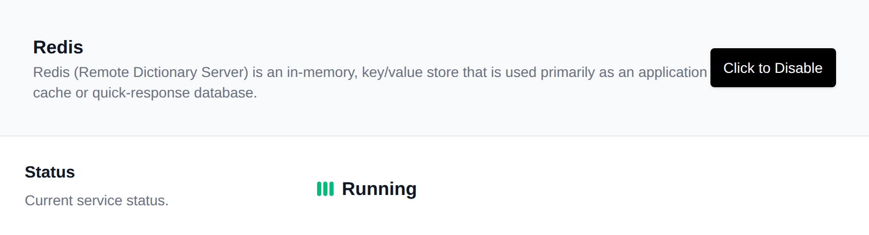 Redis Status row with the Click to Enable or Click to Disable button