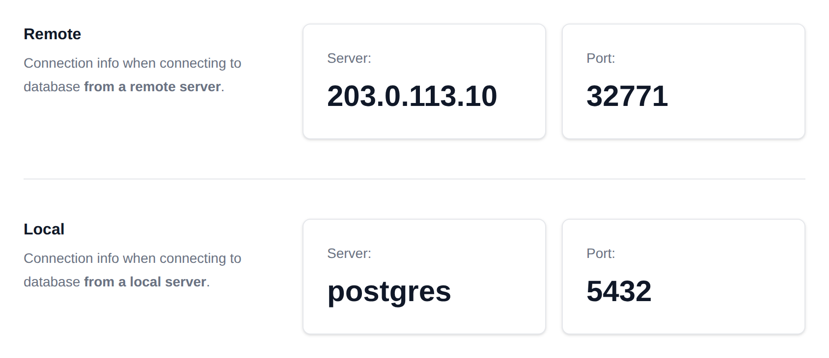 Remote and Local PostgreSQL connection details with the server address and port for each