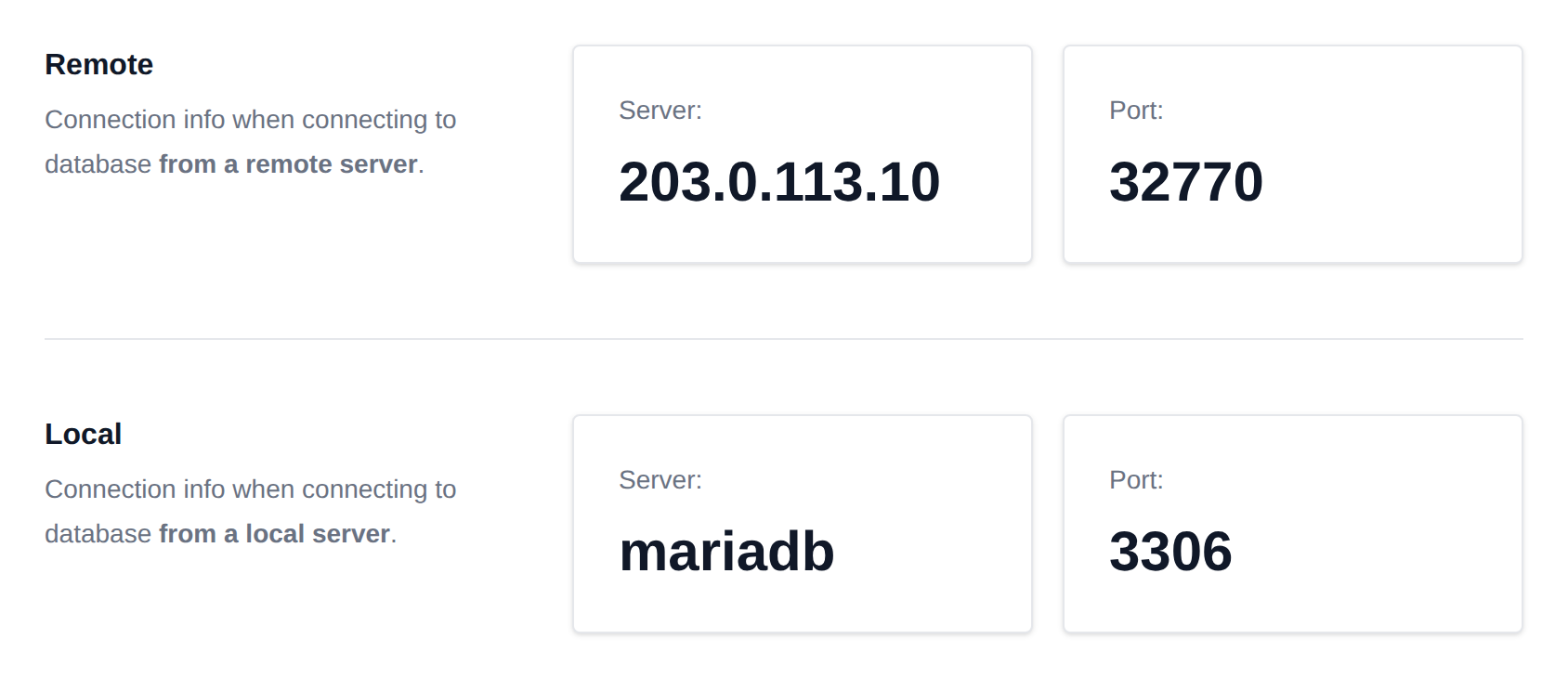 Remote and Local connection details with the server address and port for each