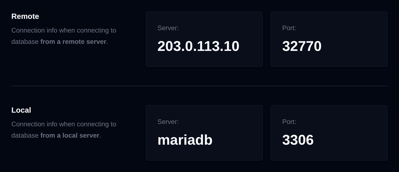 Remote and Local connection details with the server address and port for each