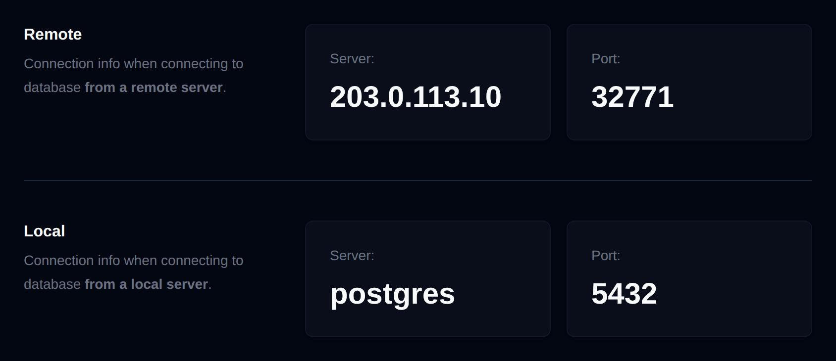 Remote and Local PostgreSQL connection details with the server address and port for each