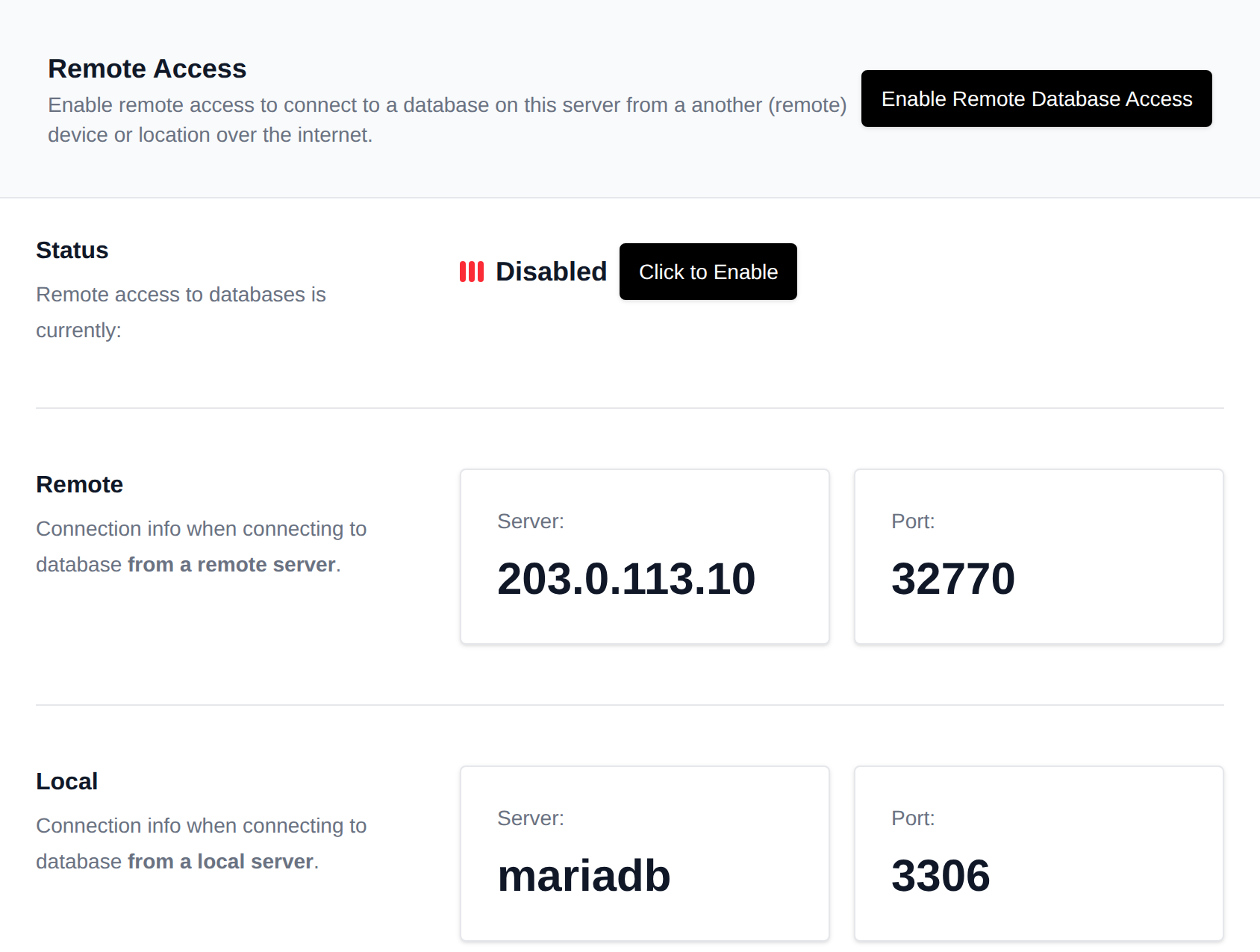 Remote Access page showing remote access as Disabled with the Enable Remote Database Access button
