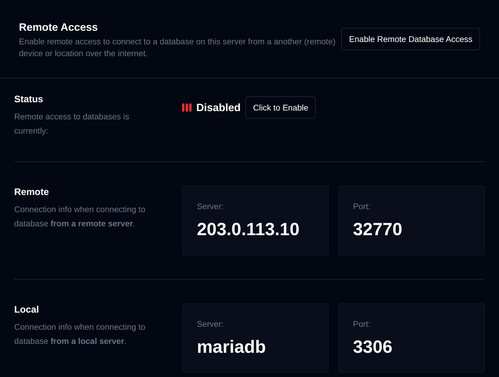 Remote Access page showing remote access as Disabled with the Enable Remote Database Access button