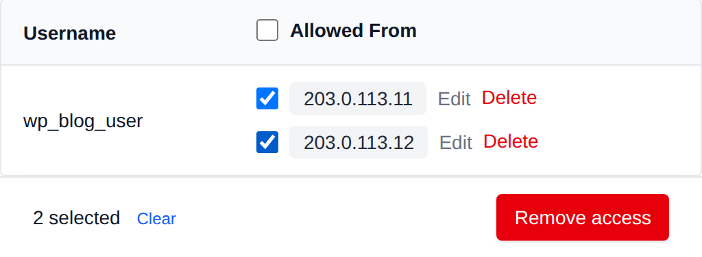 Two allowed hosts of a user selected in the remote access list with the bulk actions bar offering Remove access