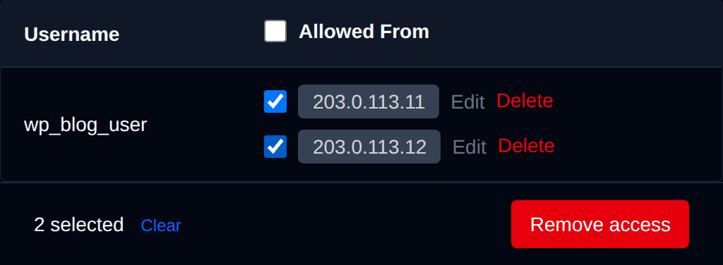 Two allowed hosts of a user selected in the remote access list with the bulk actions bar offering Remove access