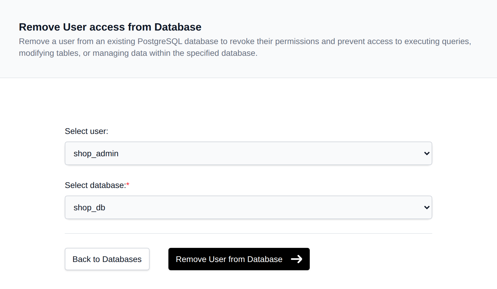 Remove User from Database form with user and database dropdowns
