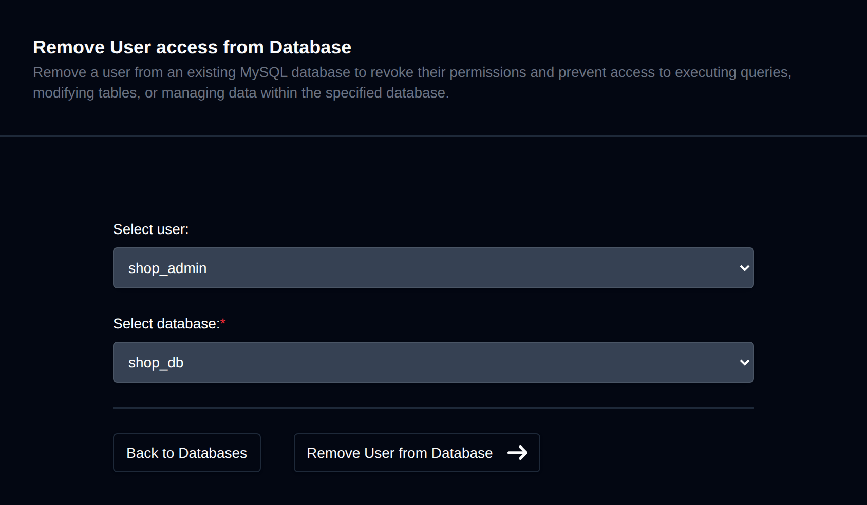 Remove User from Database form with user and database dropdowns