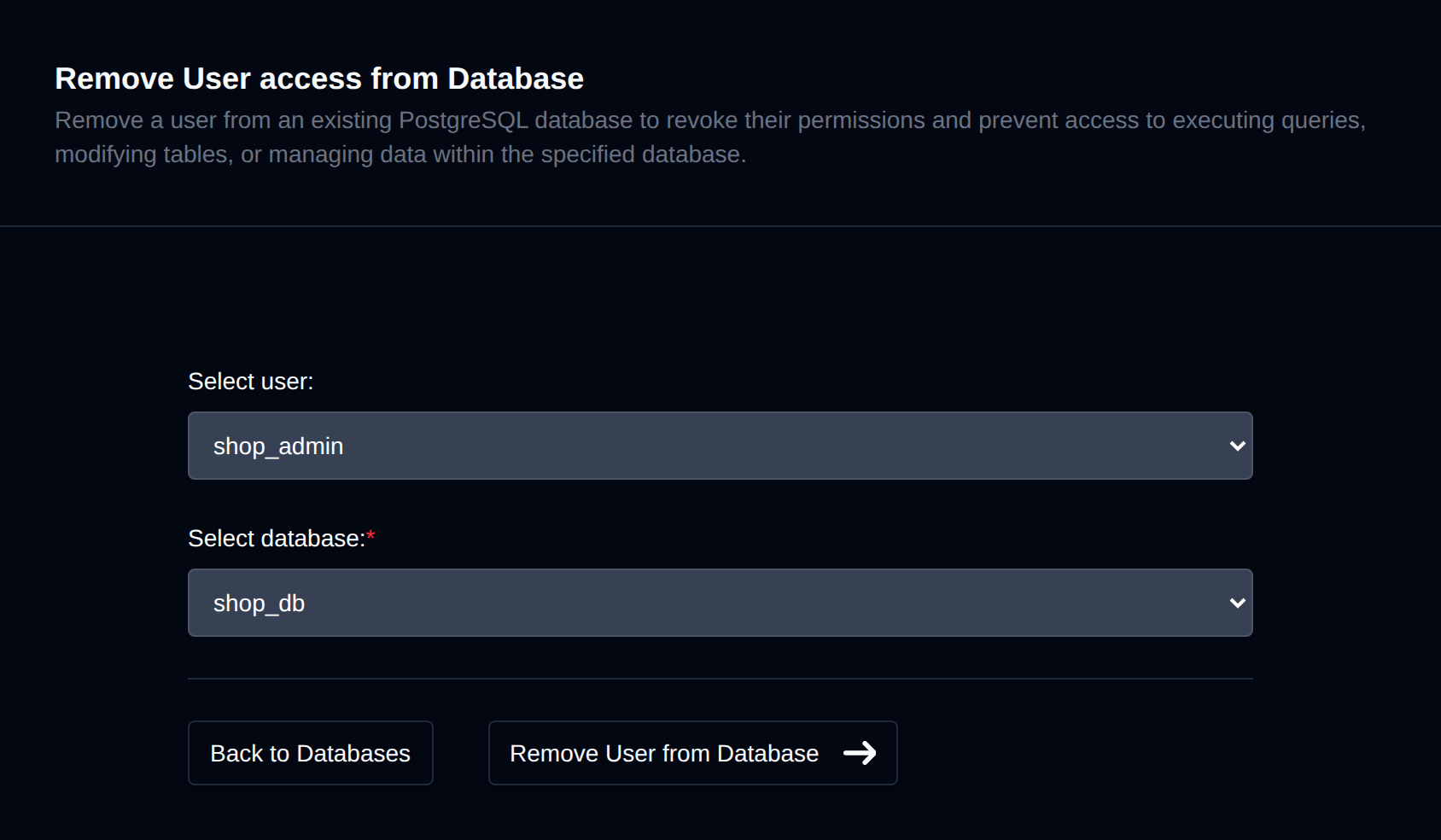 Remove User from Database form with user and database dropdowns