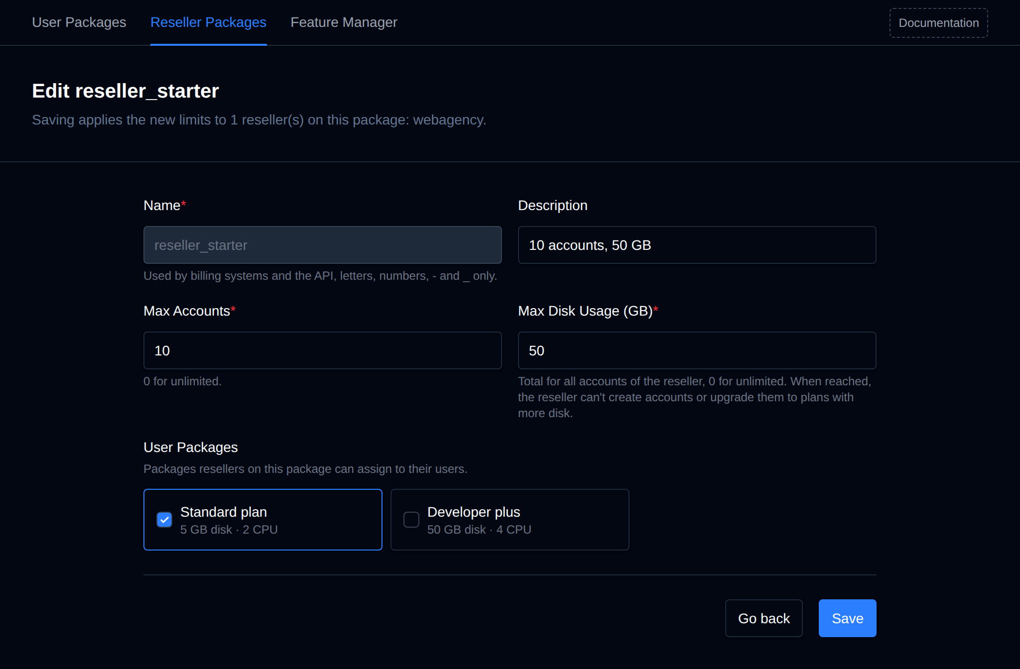 Edit page of a reseller package listing the resellers on it, with its limits and allowed user packages