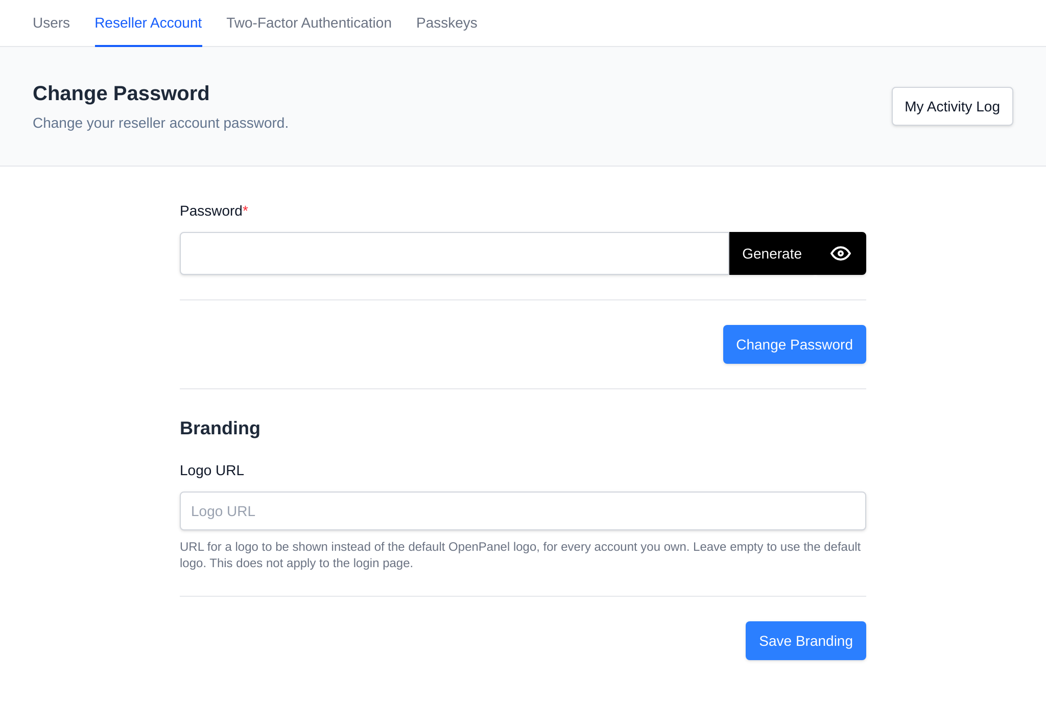 Reseller Account page with the My Activity Log button, Change Password and Branding