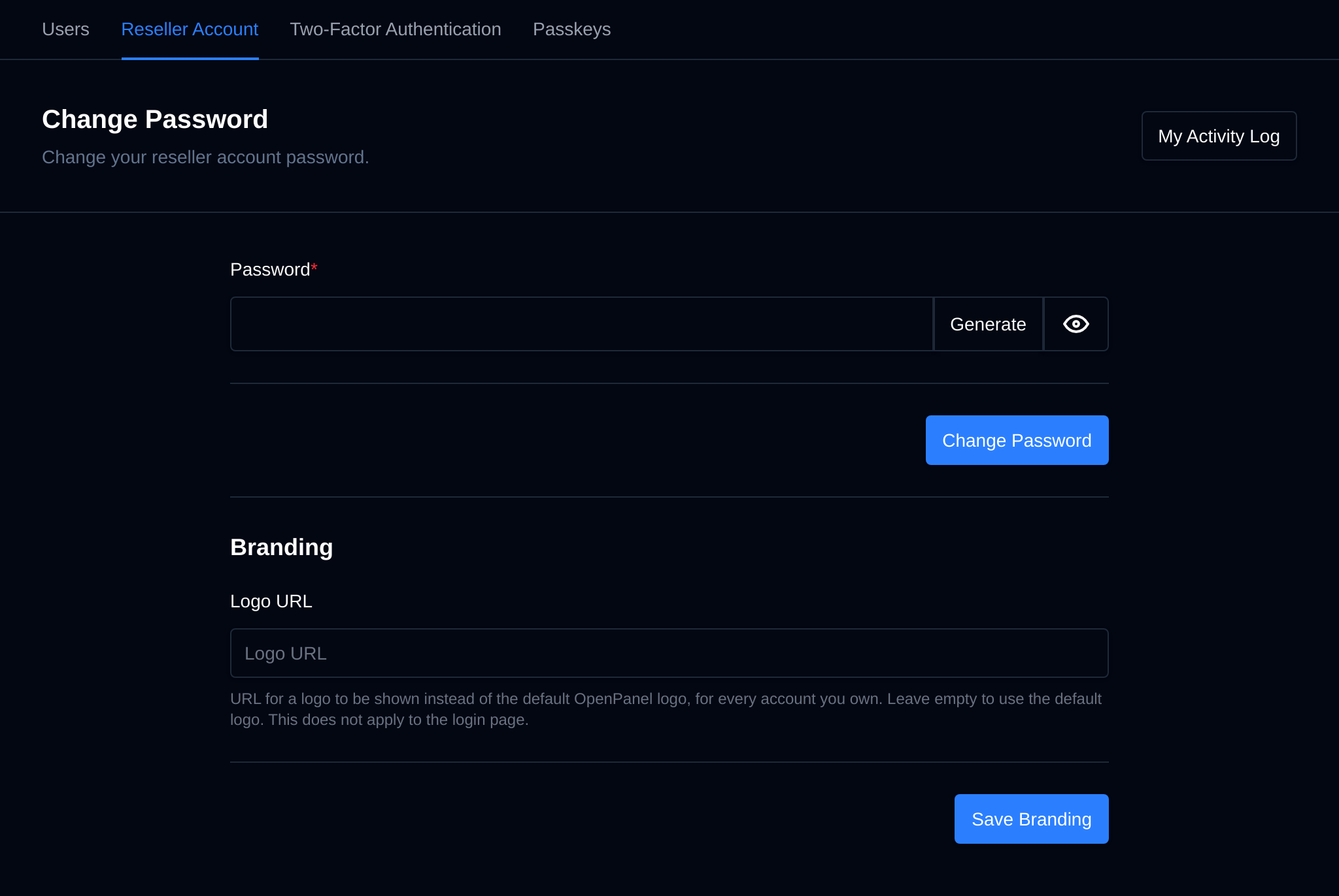 Reseller Account page with the My Activity Log button, Change Password and Branding