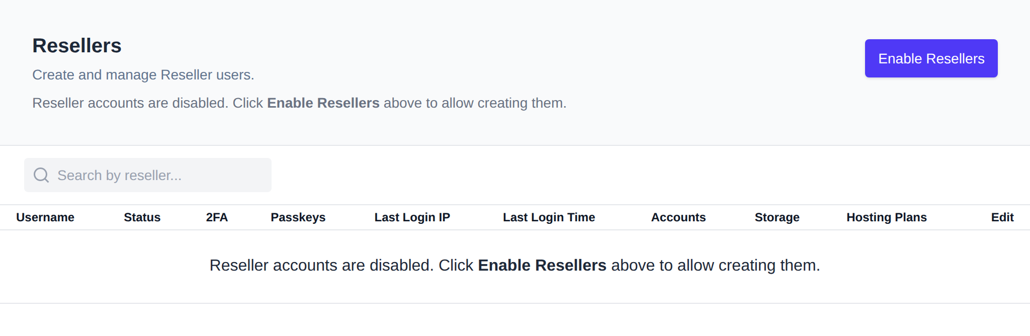 Resellers page with the reseller table columns and the Enable Resellers button
