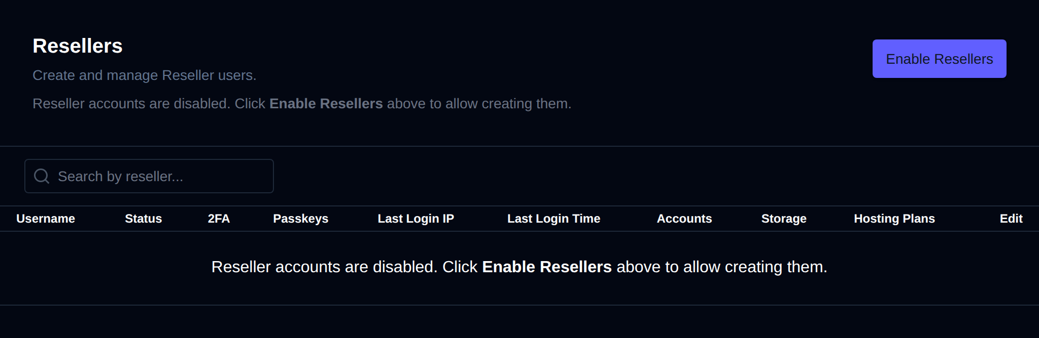 Resellers page with the reseller table columns and the Enable Resellers button