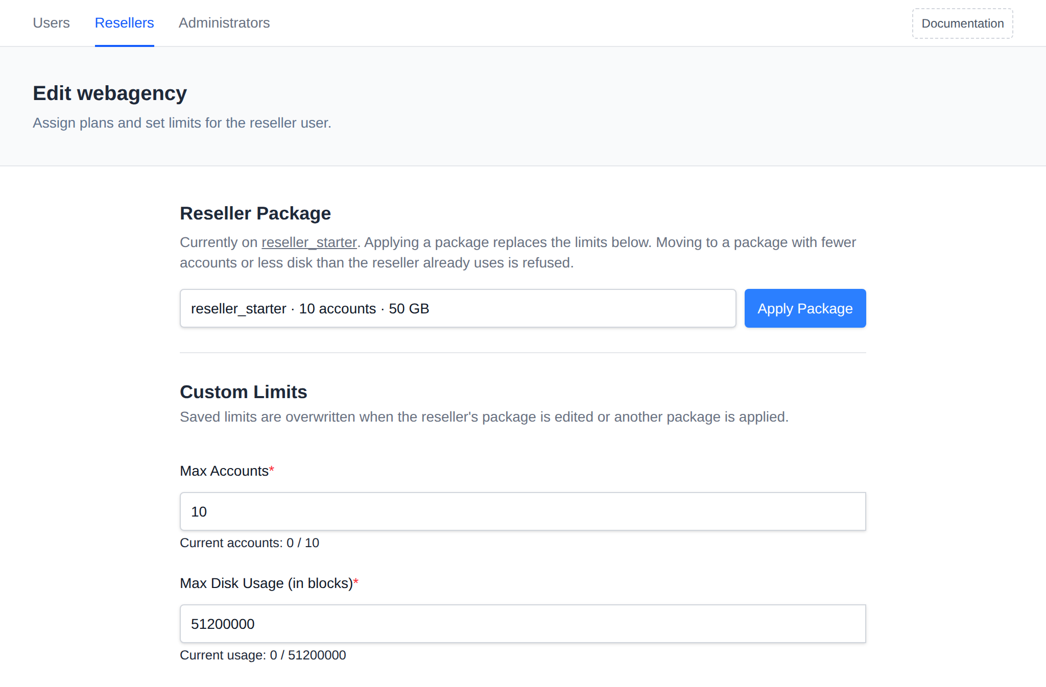 Edit Plans &amp; Limits page of a reseller with the Reseller Package picker and the Apply Package button above the custom limits