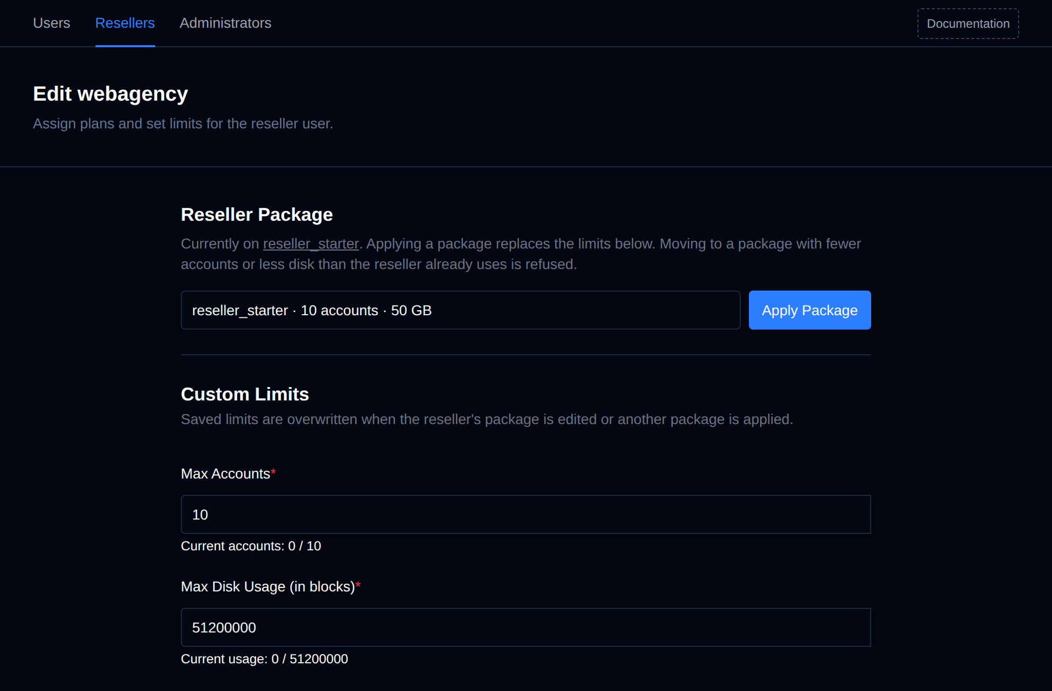 Edit Plans &amp; Limits page of a reseller with the Reseller Package picker and the Apply Package button above the custom limits