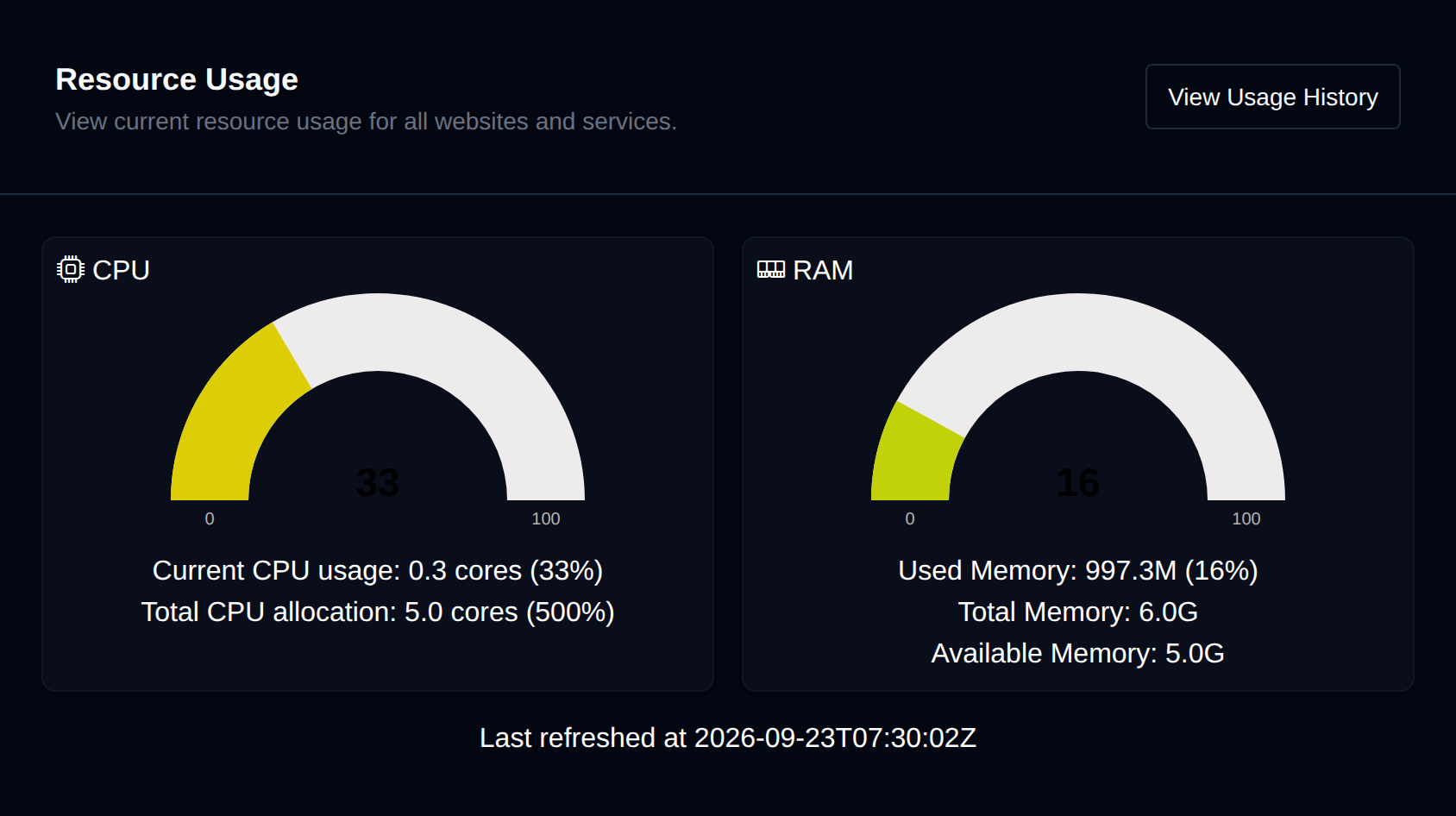 Resource Usage page with gauges for current CPU and RAM usage