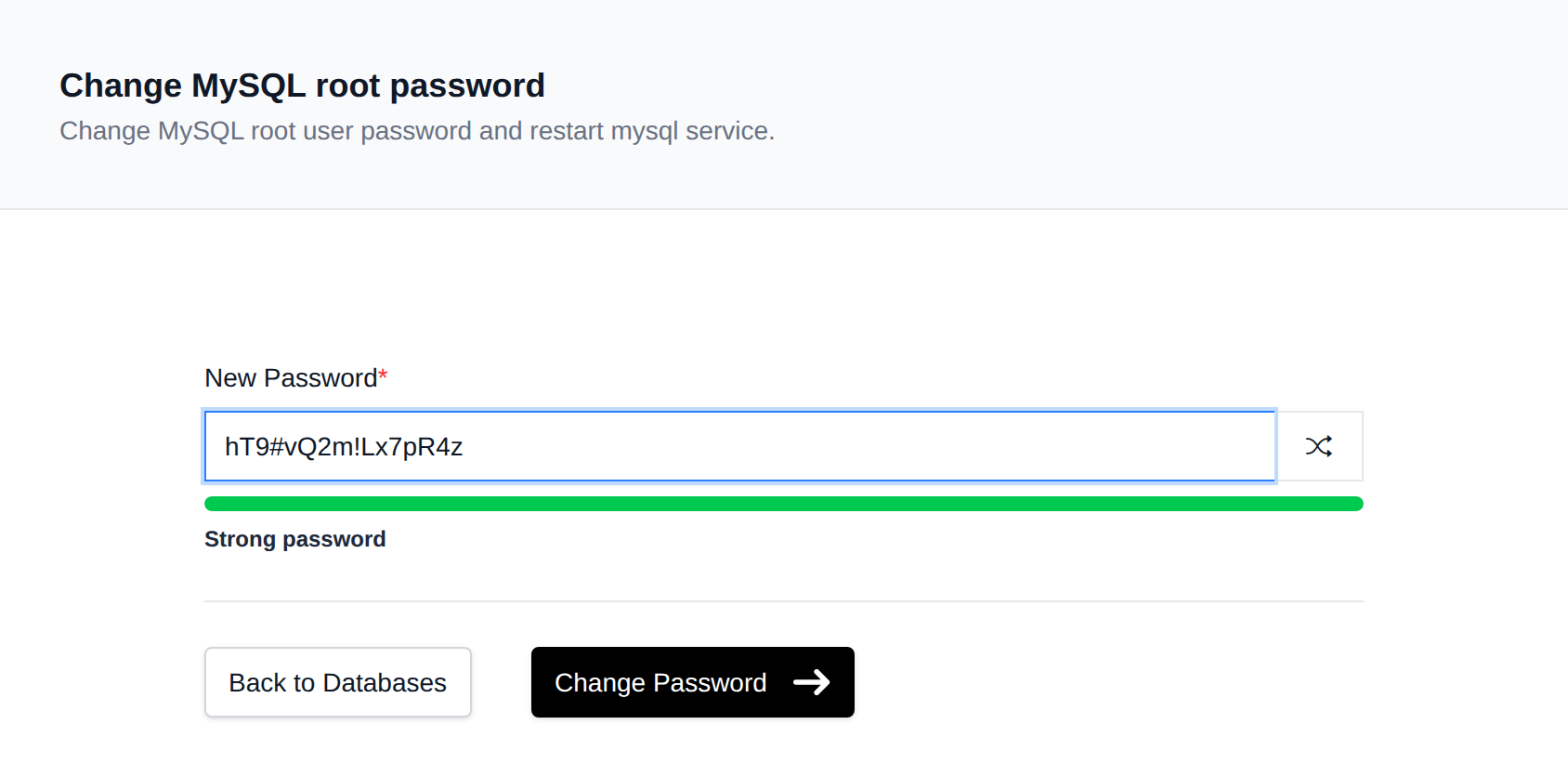 Change MySQL root password form with a new password field and a password strength bar