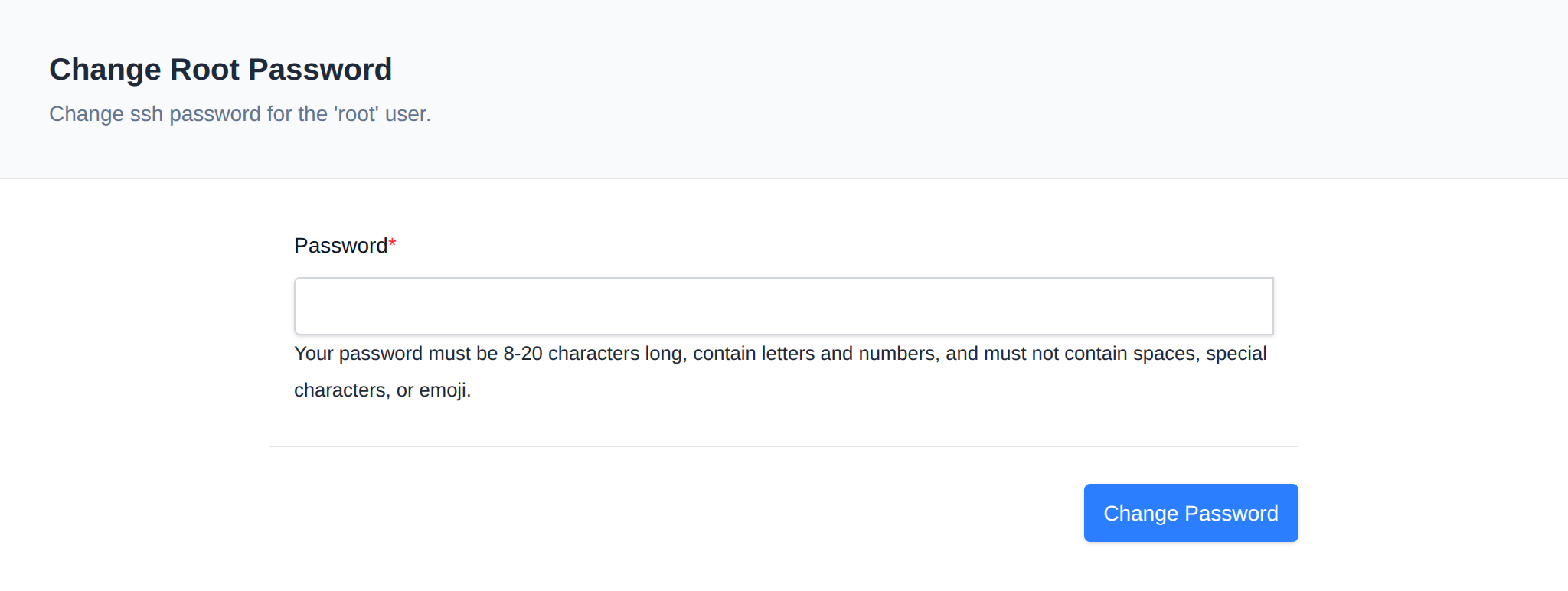 Change Root Password form with the password field and its requirements