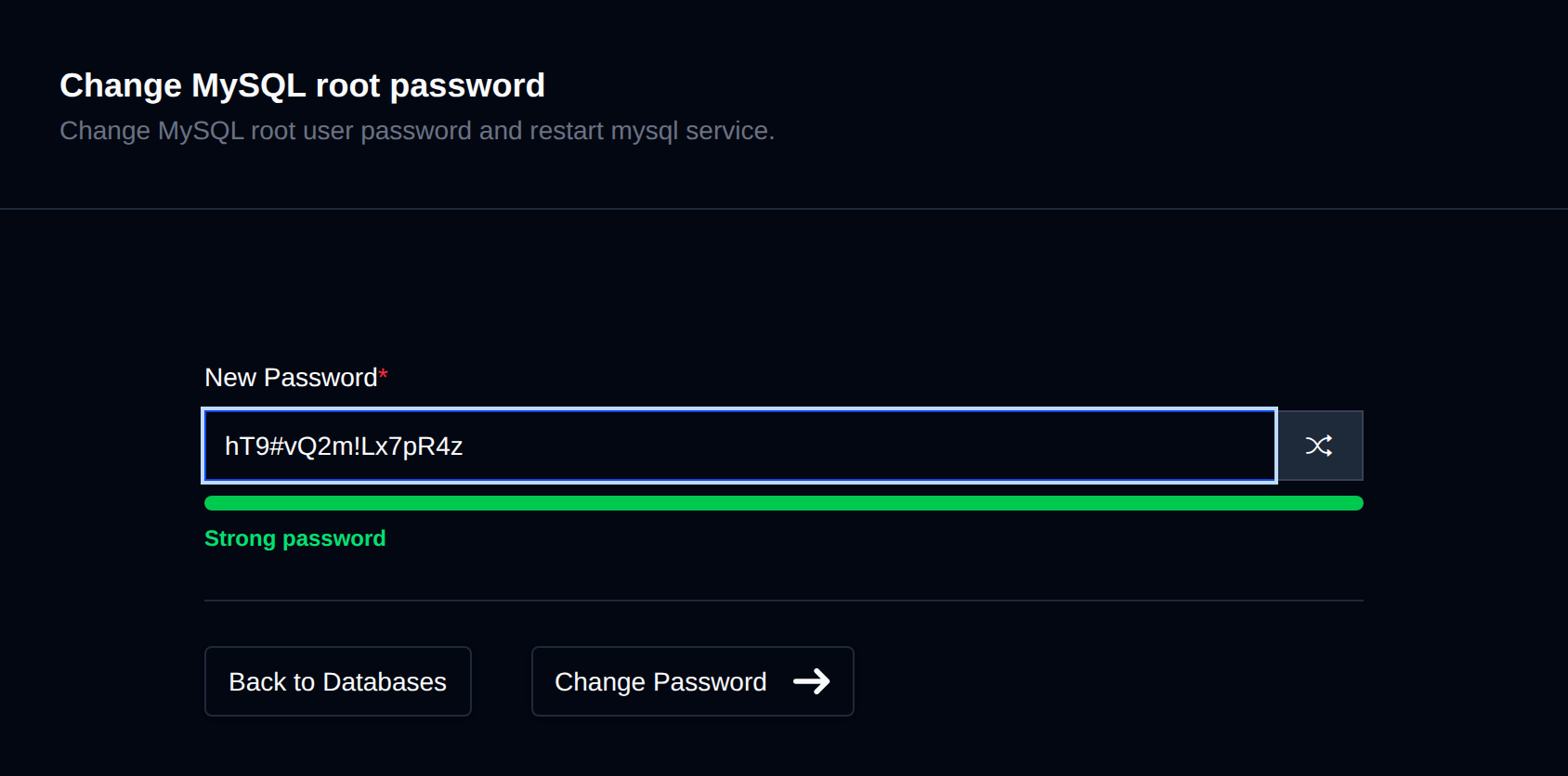 Change MySQL root password form with a new password field and a password strength bar
