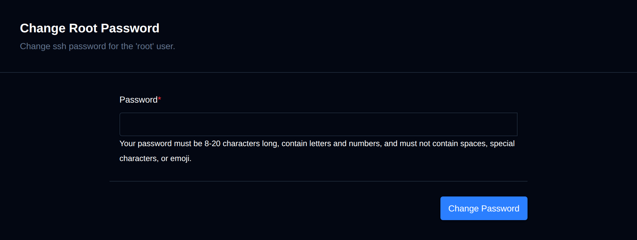 Change Root Password form with the password field and its requirements
