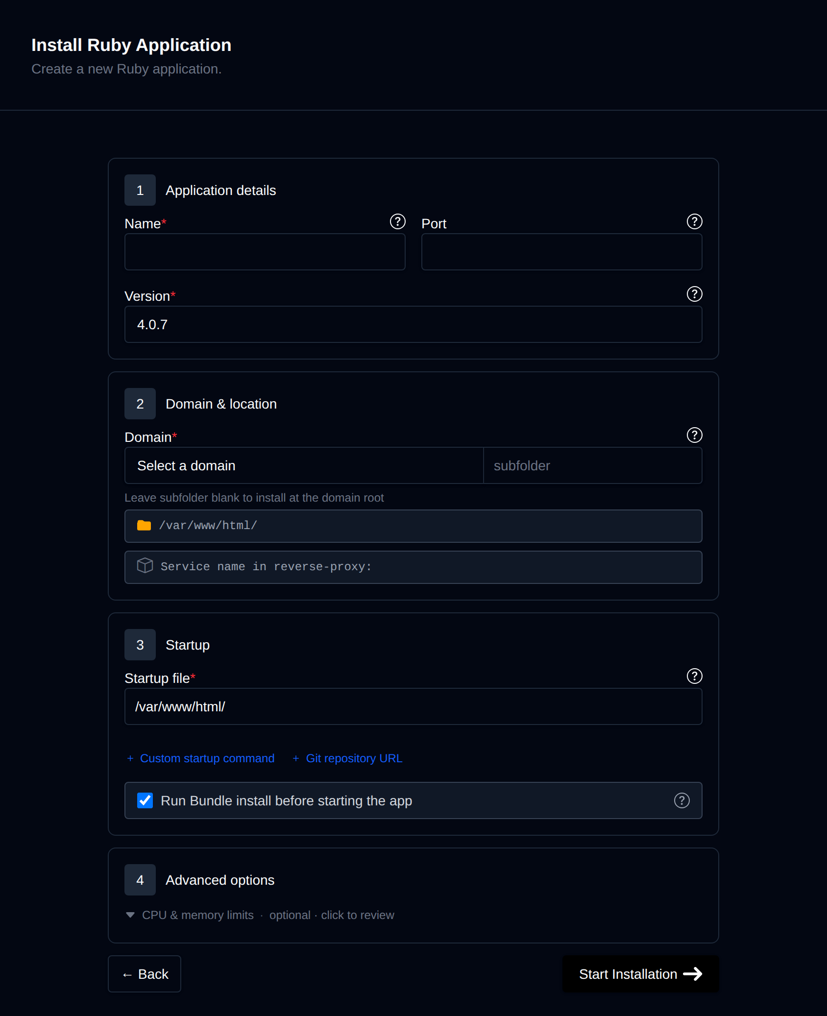 Install Ruby Application form with the application details, domain, startup command and advanced options