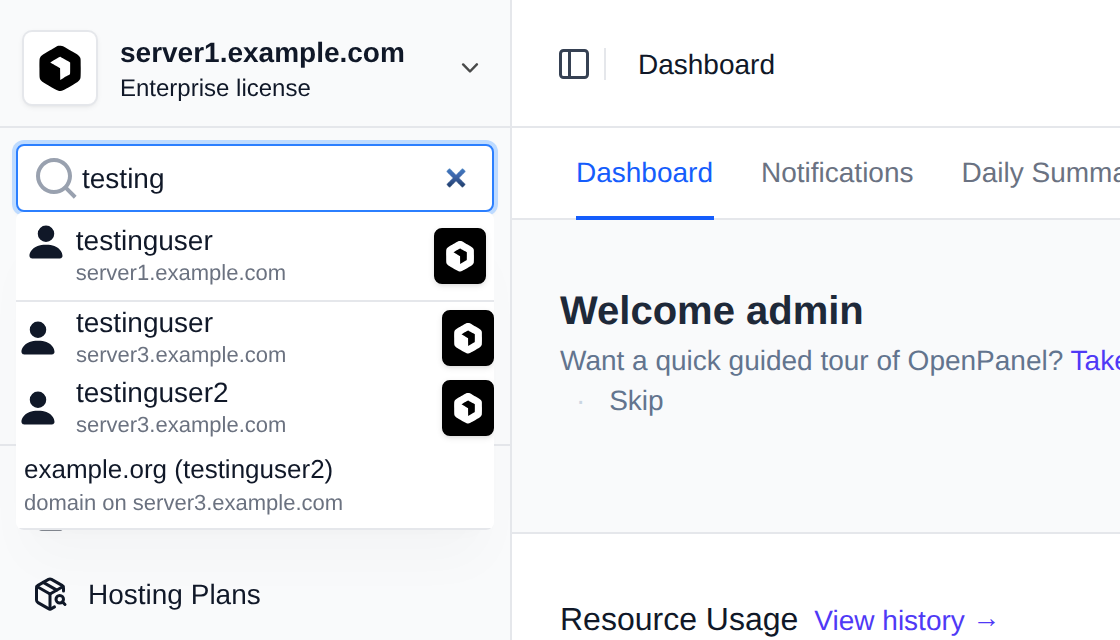 Search results with users from every server and the server name under each