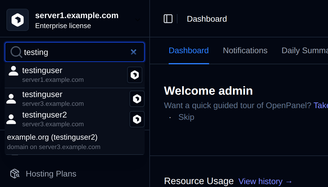 Search results with users from every server and the server name under each