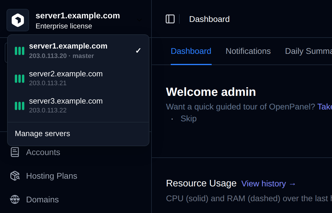 Server menu at the top of the sidebar listing the master and two slaves