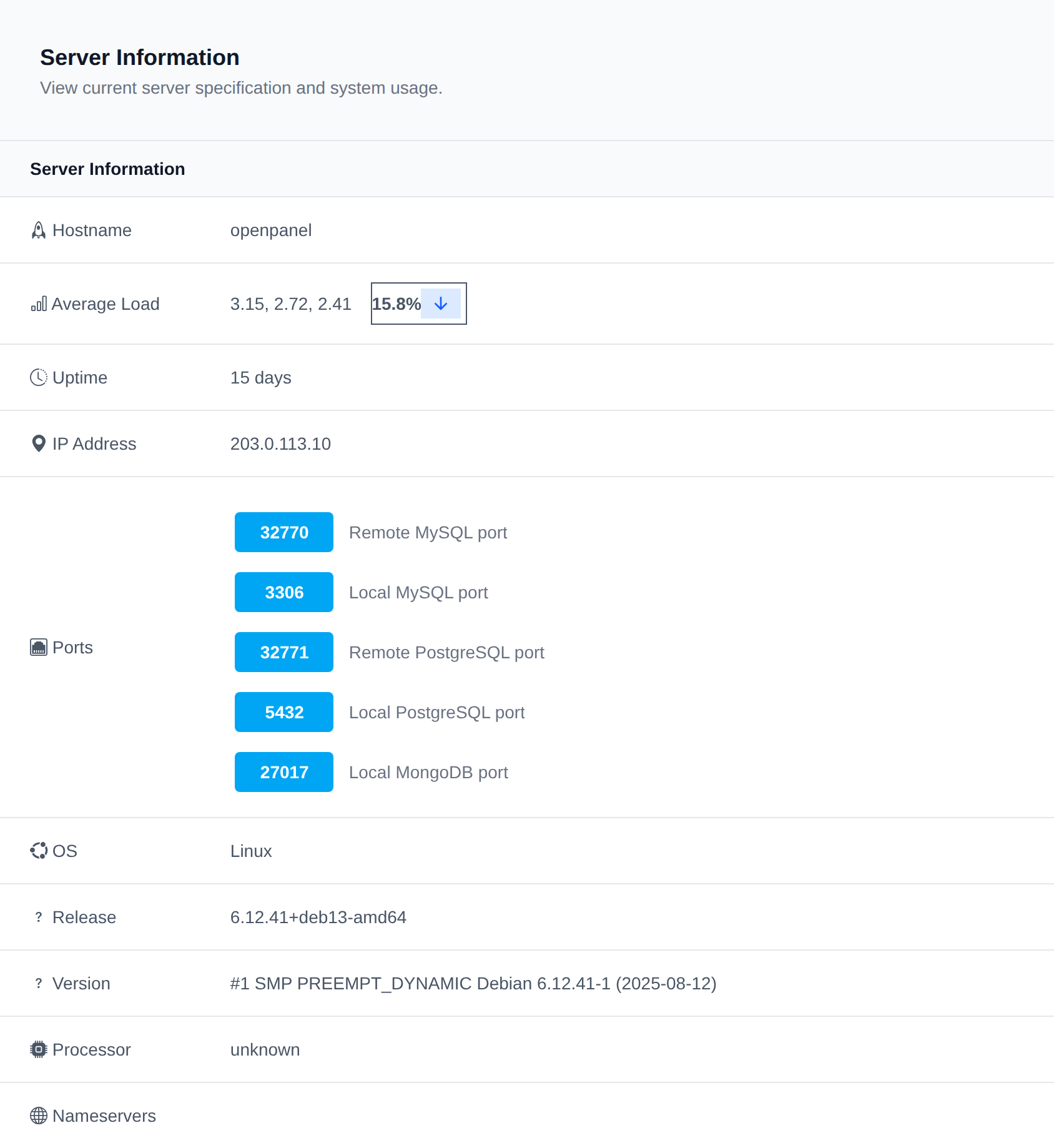 Server Information page with hostname, load, uptime, IP address, ports and operating system