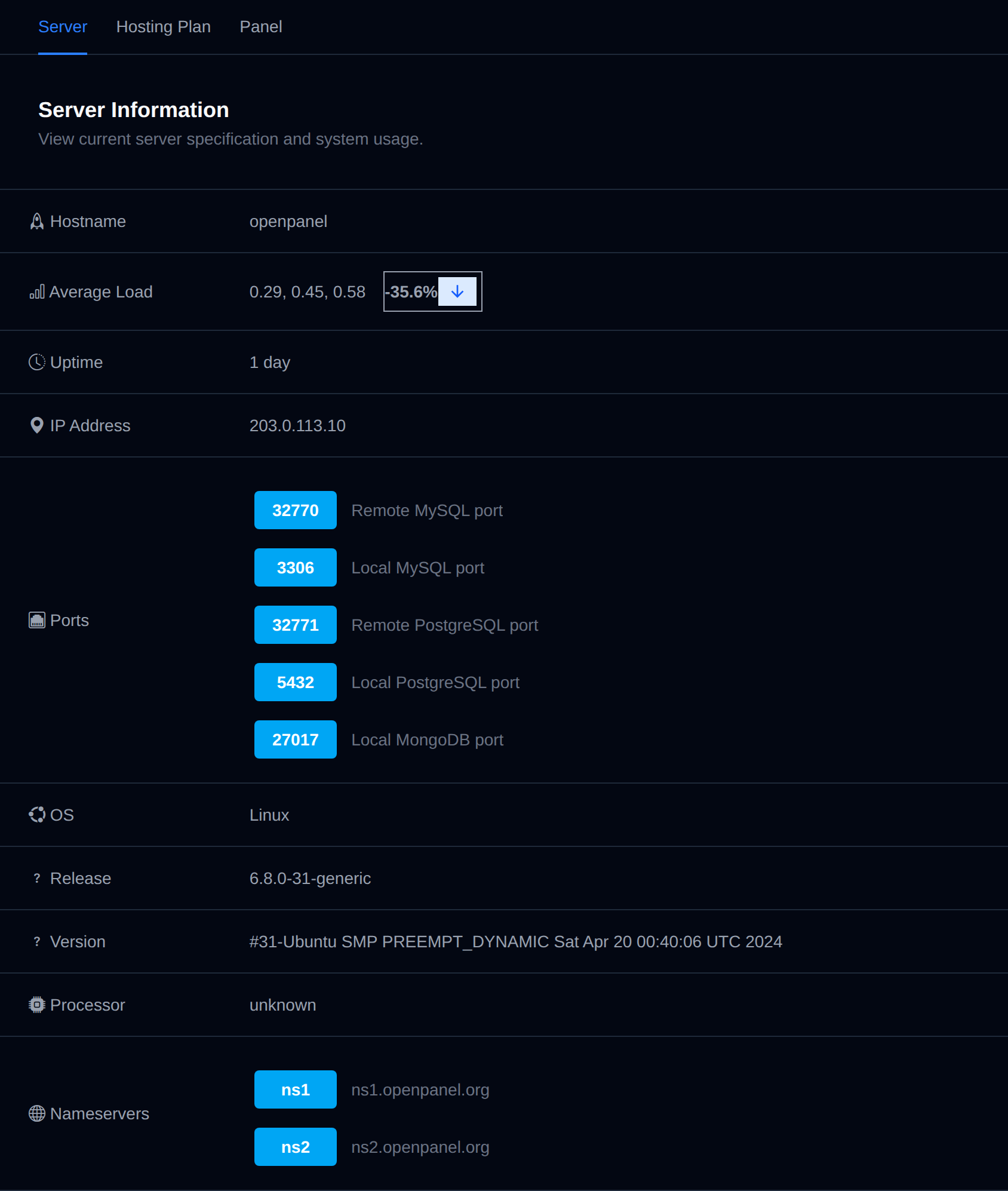 Server tab of the Server Information page with hostname, load, uptime, IP address, ports and operating system