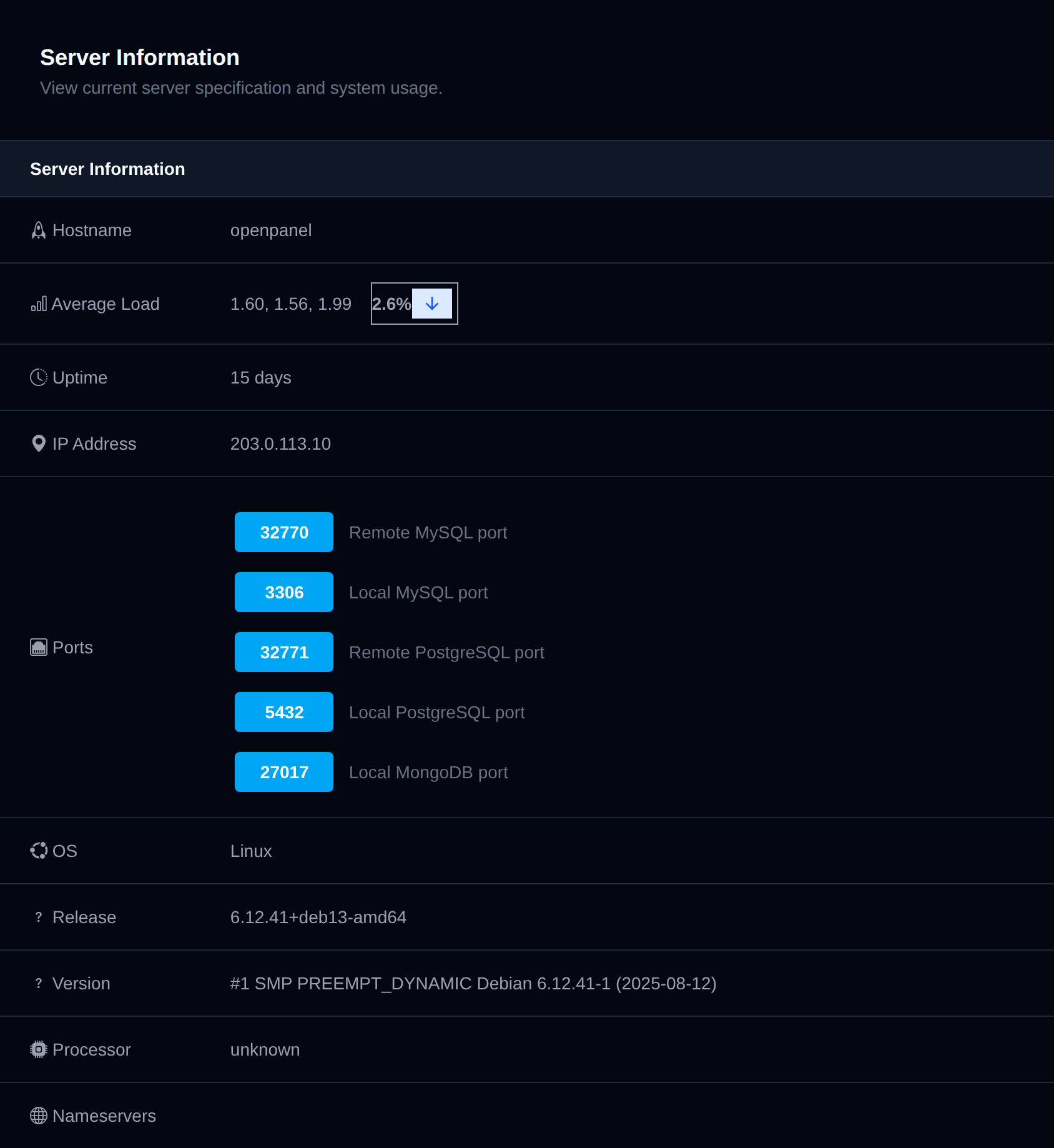 Server Information page with hostname, load, uptime, IP address, ports and operating system
