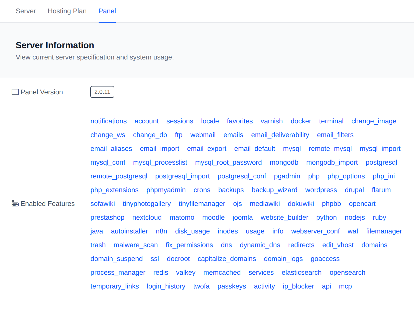 Panel tab of the Server Information page with the panel version and the features enabled for the account