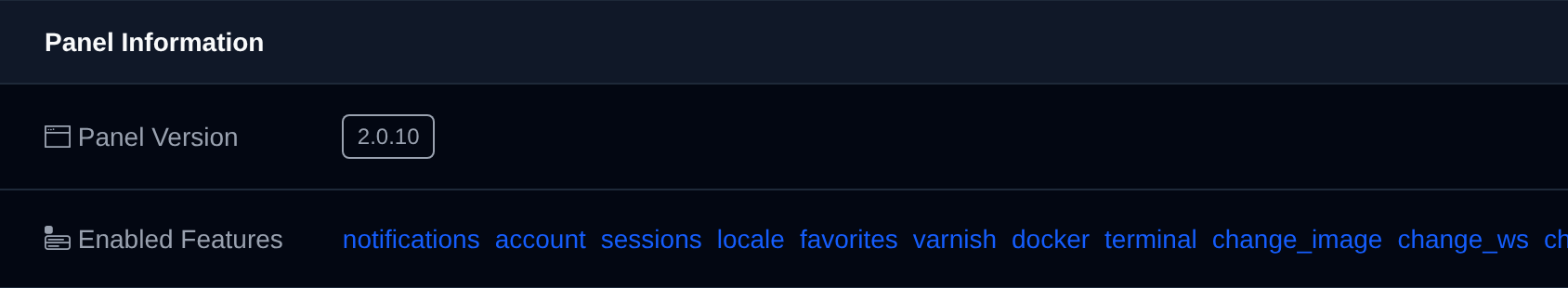 Panel Information section with the panel version and the list of features enabled for the account
