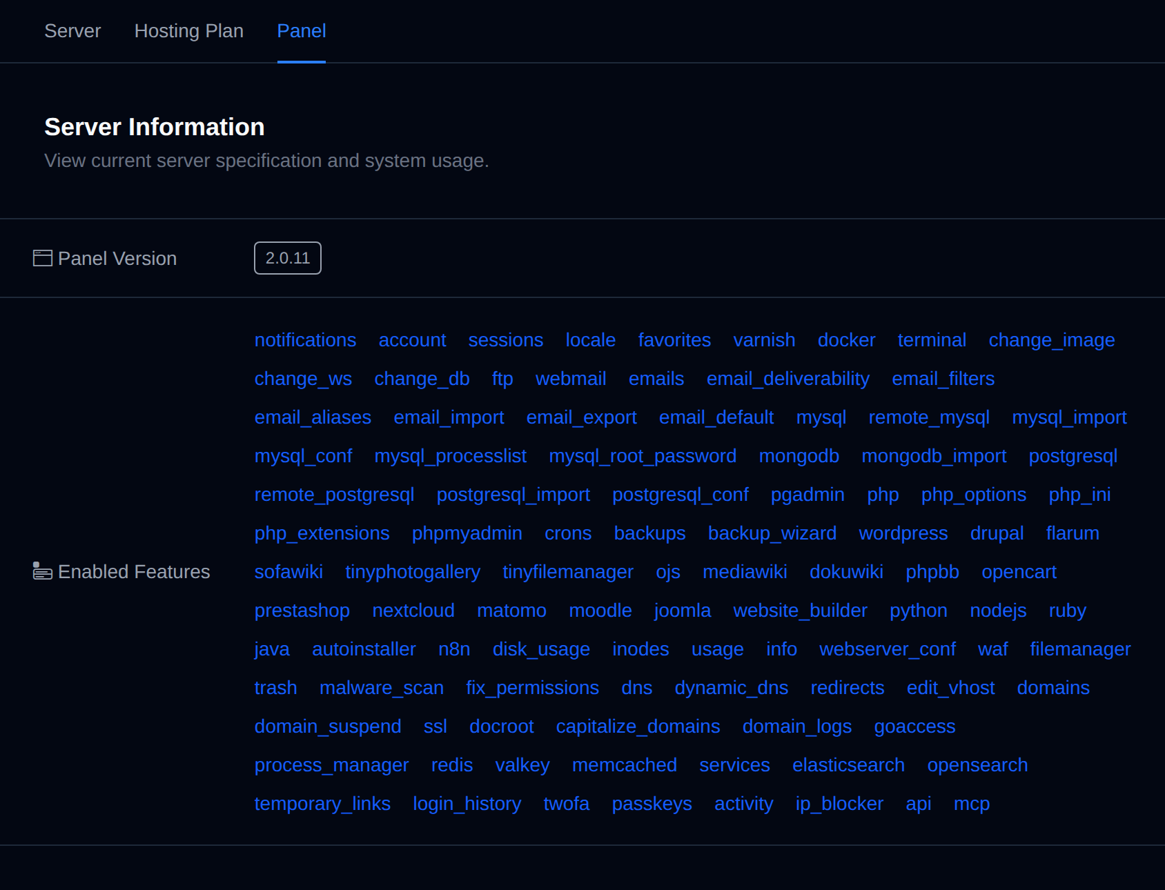 Panel tab of the Server Information page with the panel version and the features enabled for the account