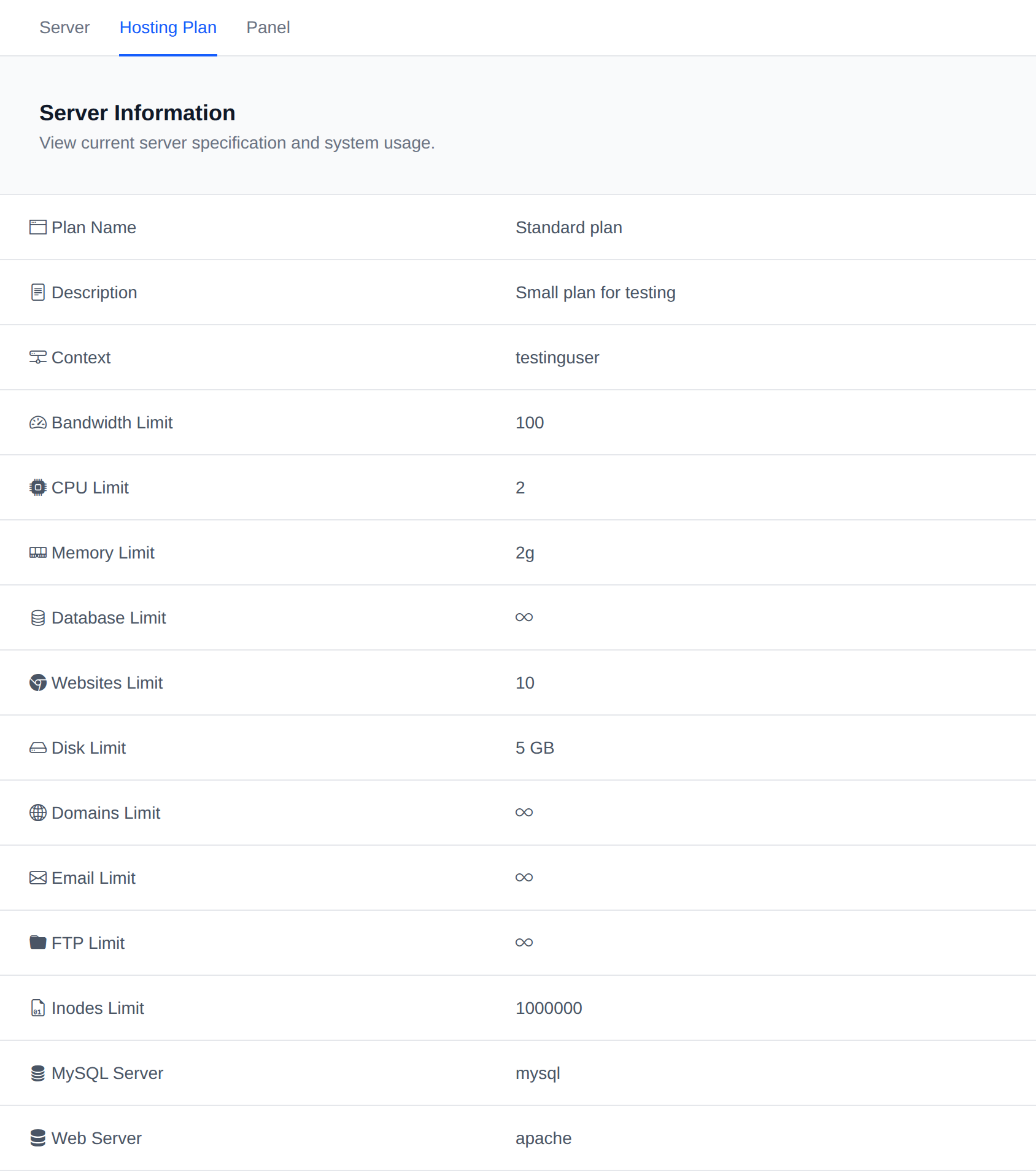 Hosting Plan tab of the Server Information page with the plan name and its limits for CPU, memory, disk, domains, websites, databases, email and FTP