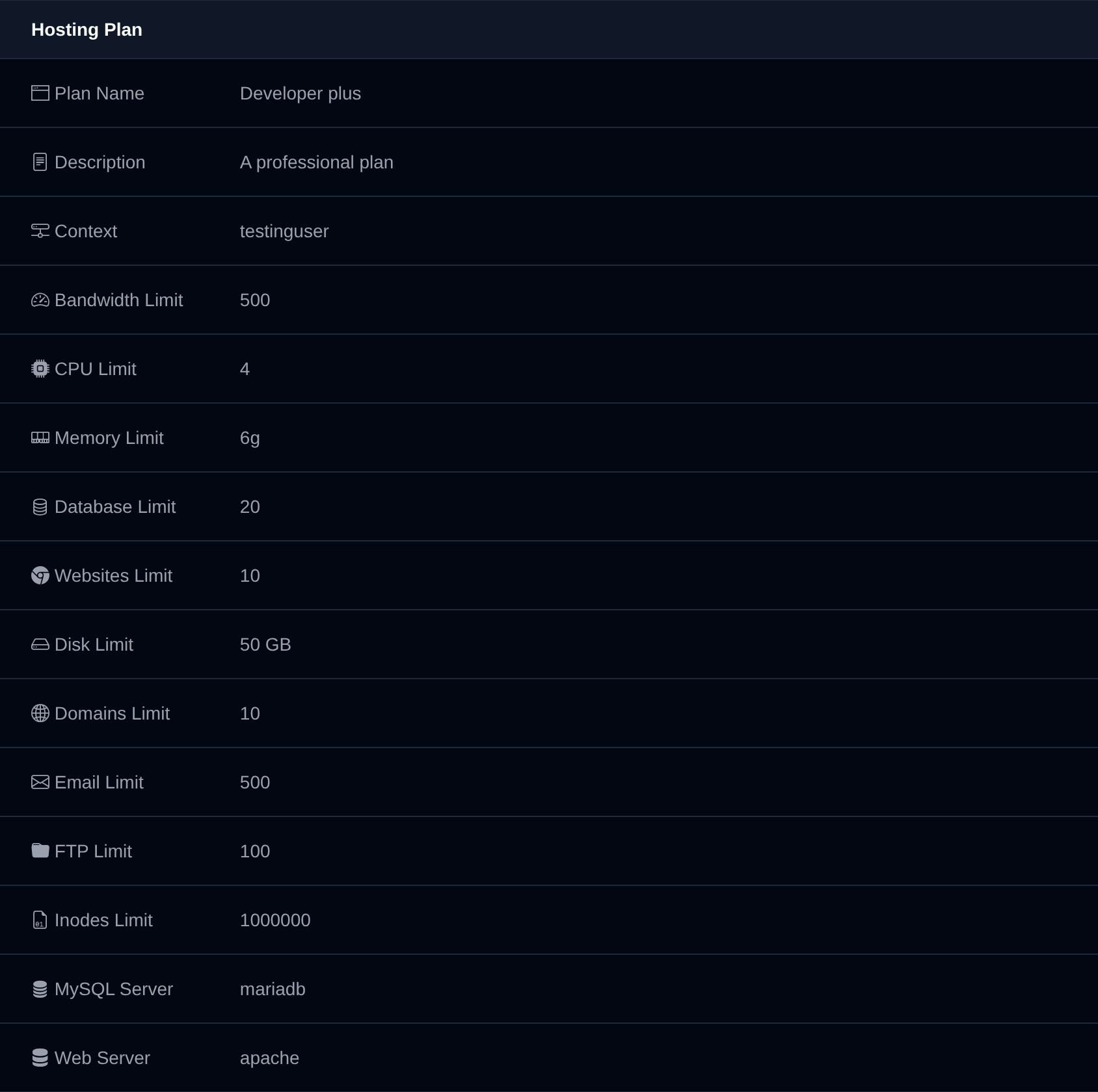 Hosting Plan section of the Server Information page with the plan name and its limits for CPU, memory, disk, domains, websites, databases, email and FTP
