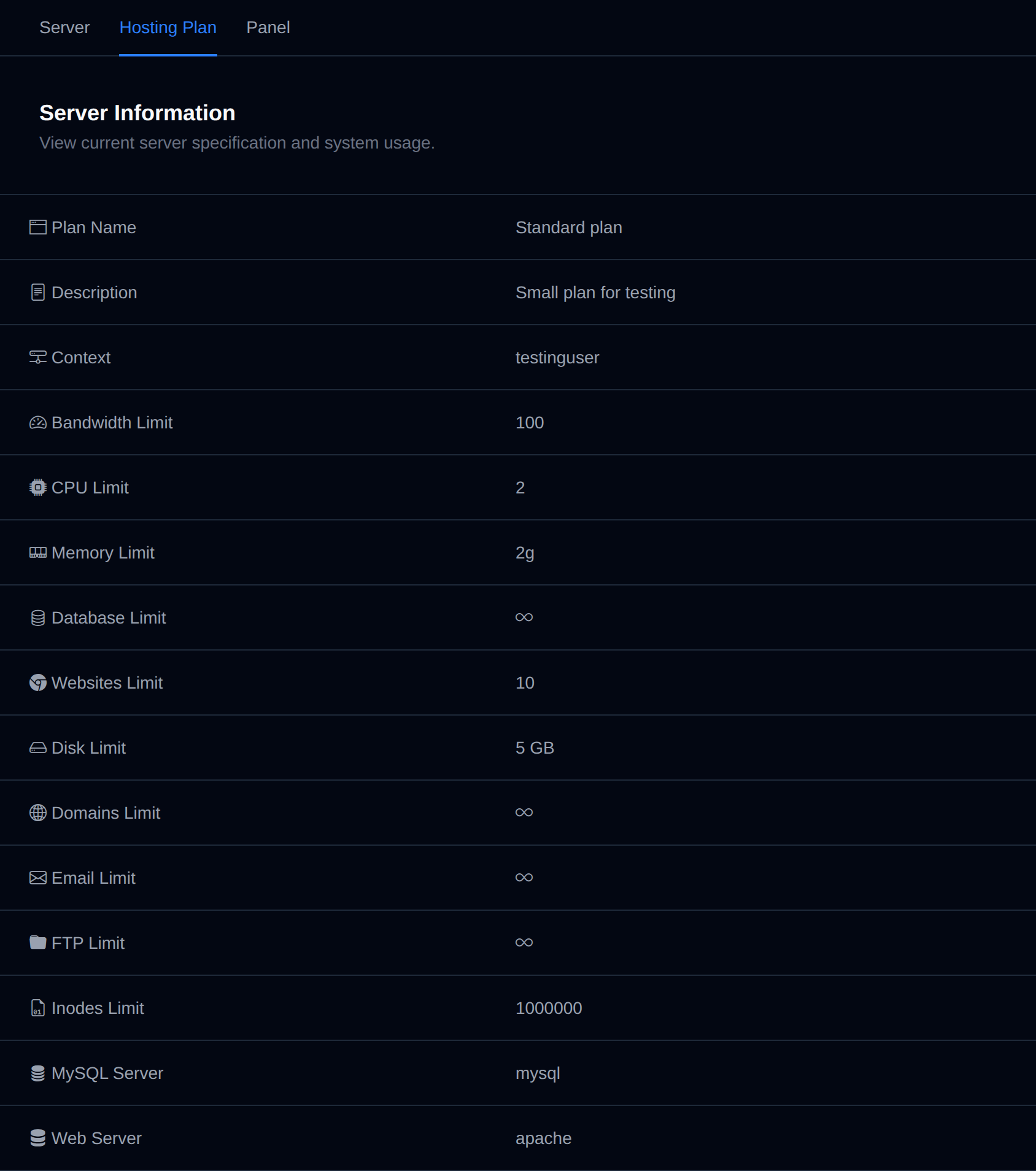 Hosting Plan tab of the Server Information page with the plan name and its limits for CPU, memory, disk, domains, websites, databases, email and FTP