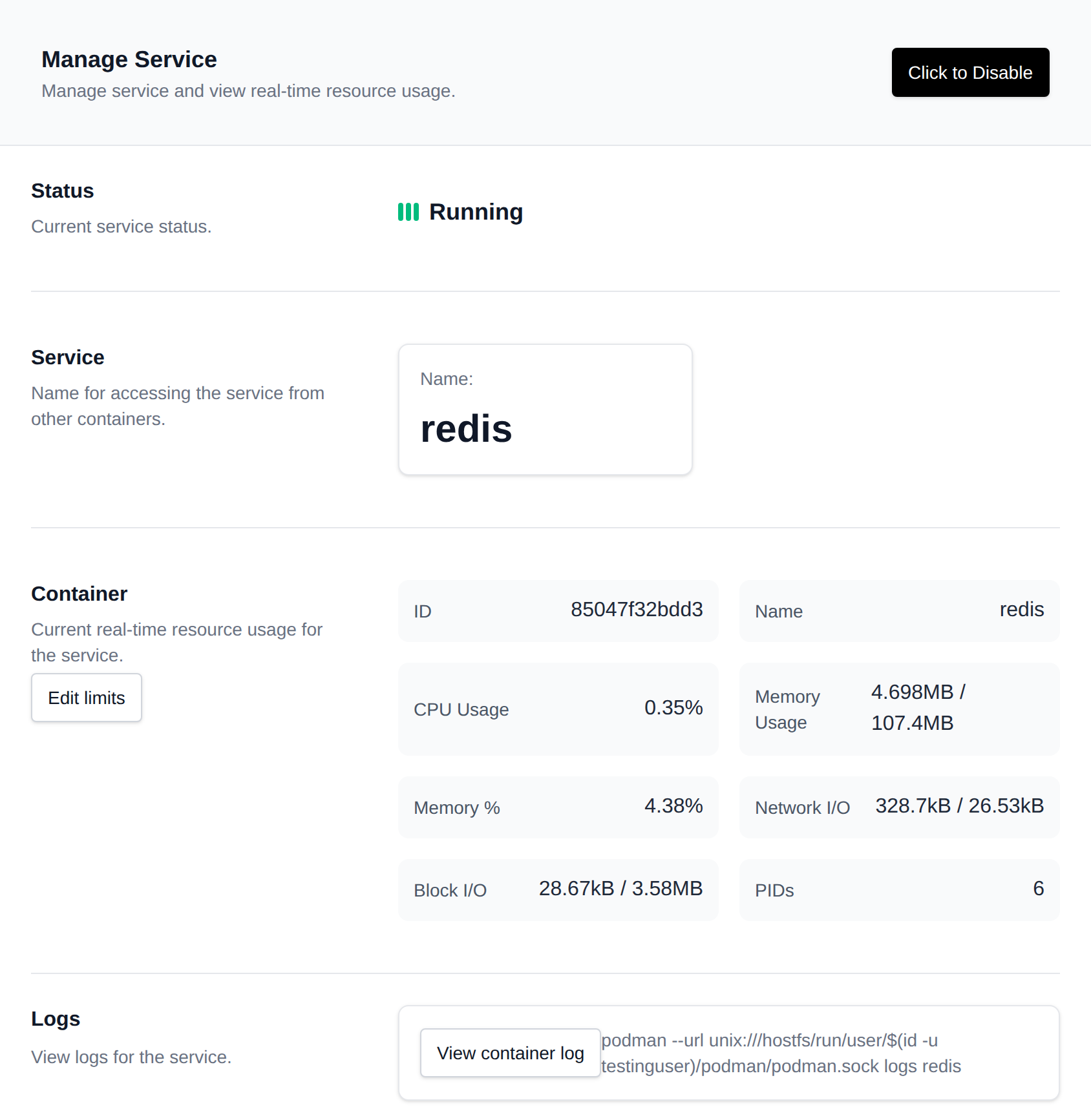 Service page for redis with its status, container resource usage and logs