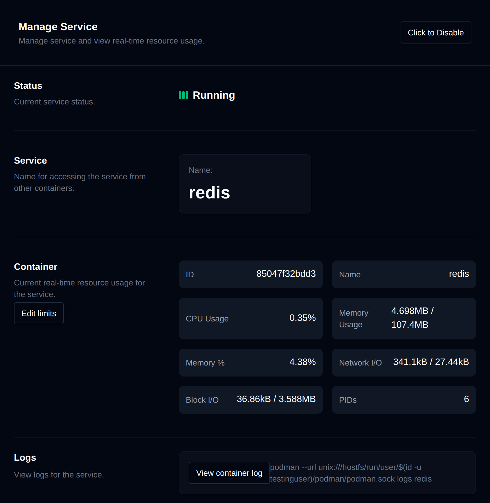 Service page for redis with its status, container resource usage and logs