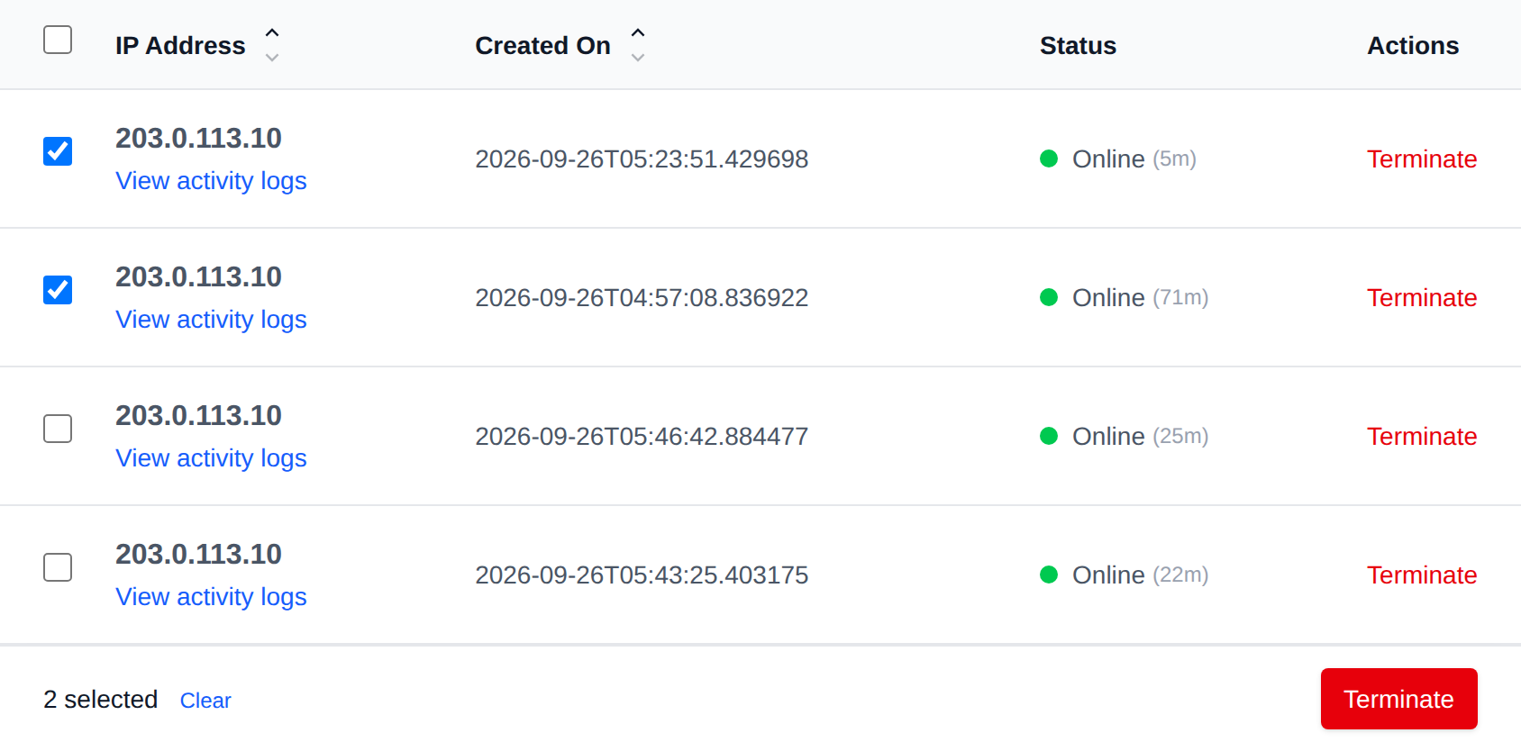 Two sessions selected with the bulk actions bar offering Terminate
