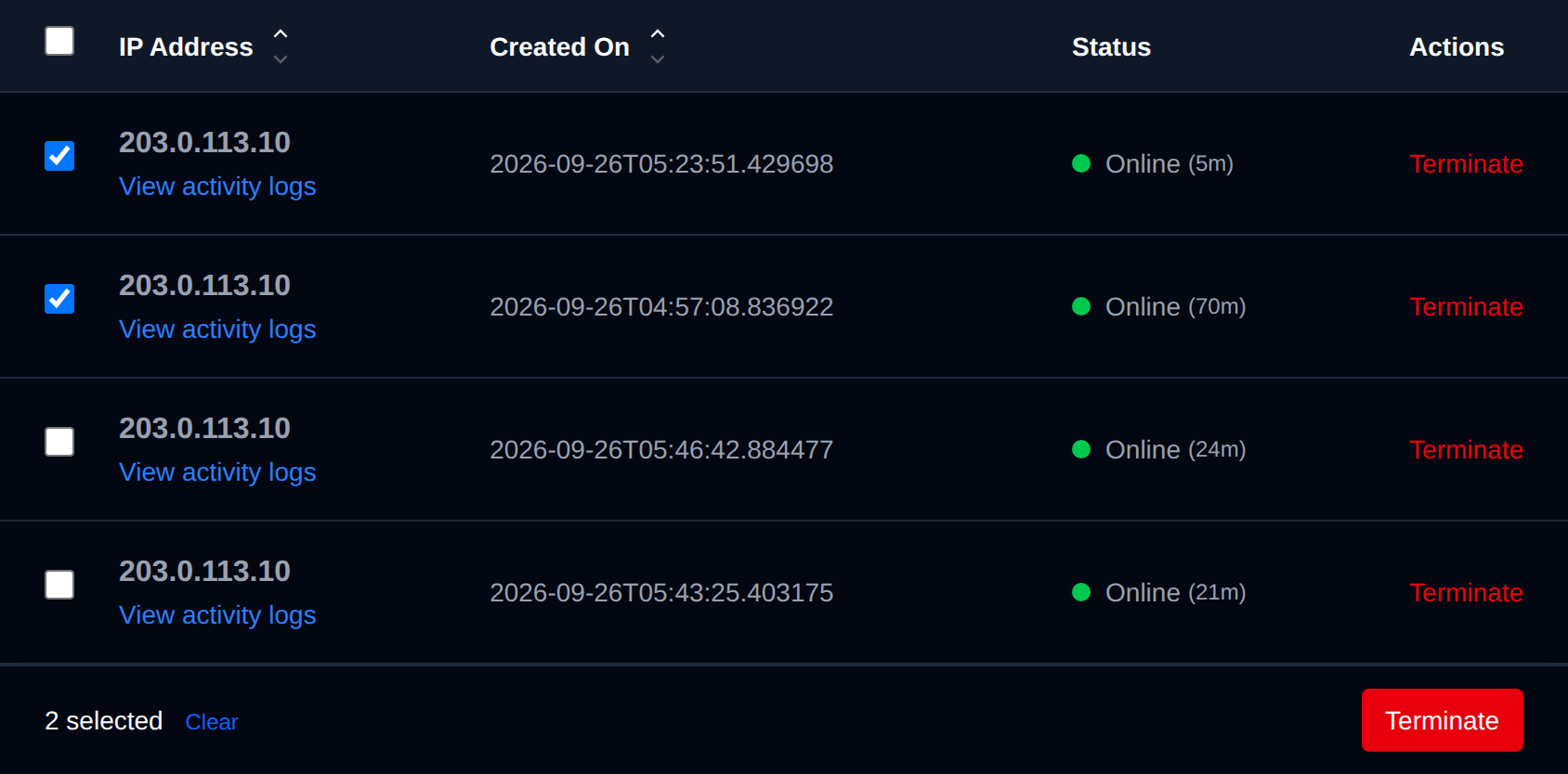 Two sessions selected with the bulk actions bar offering Terminate