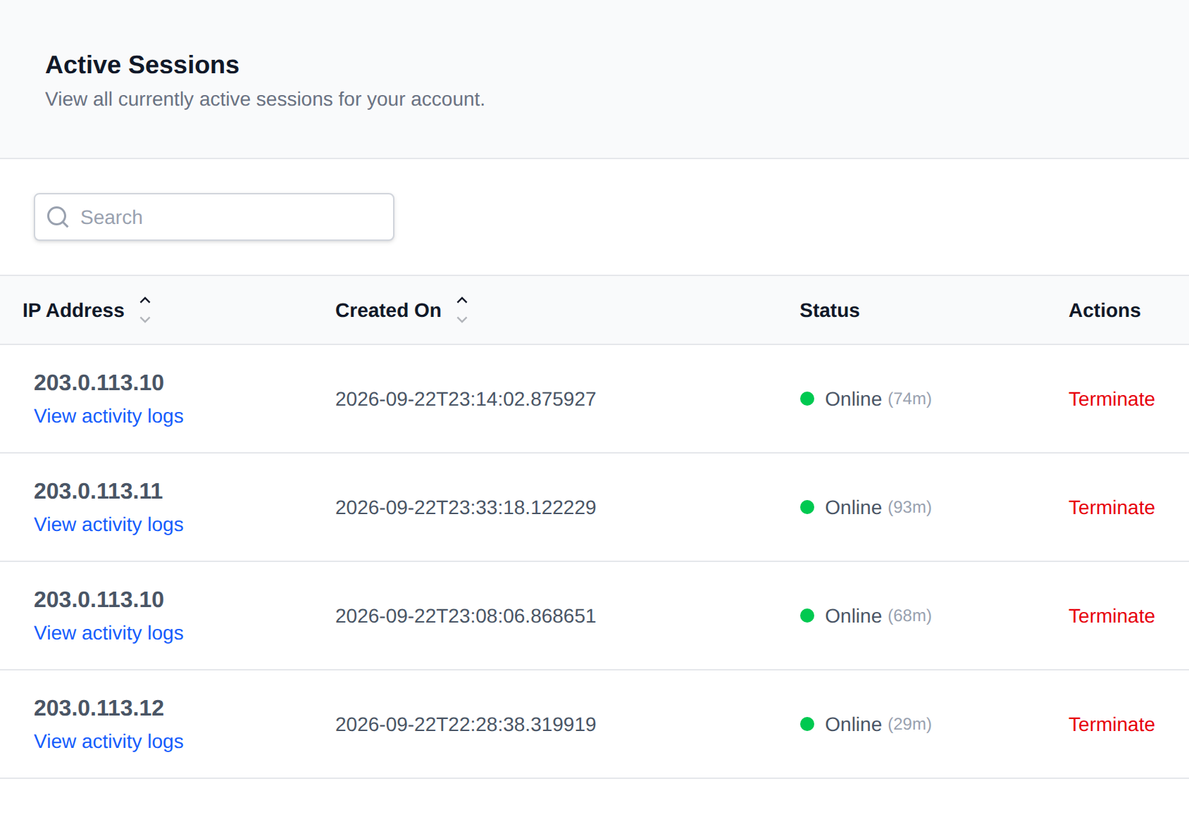 Active Sessions table with the IP address, creation time, online status and a Terminate action for each session