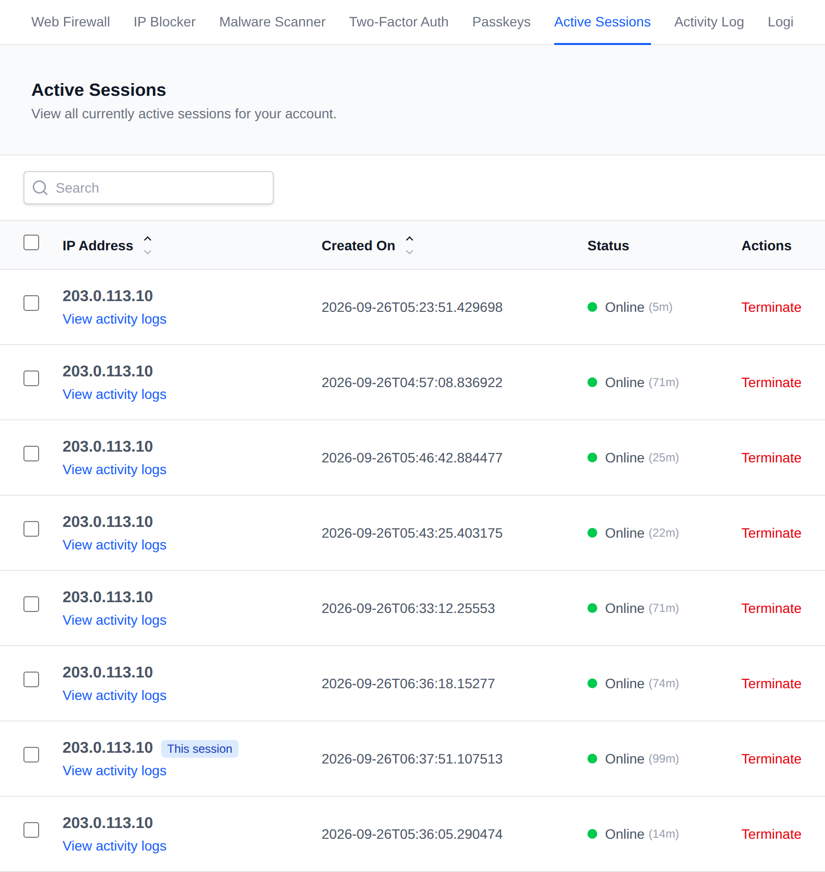 Active Sessions table with the IP address, creation time, online status and a Terminate action for each session