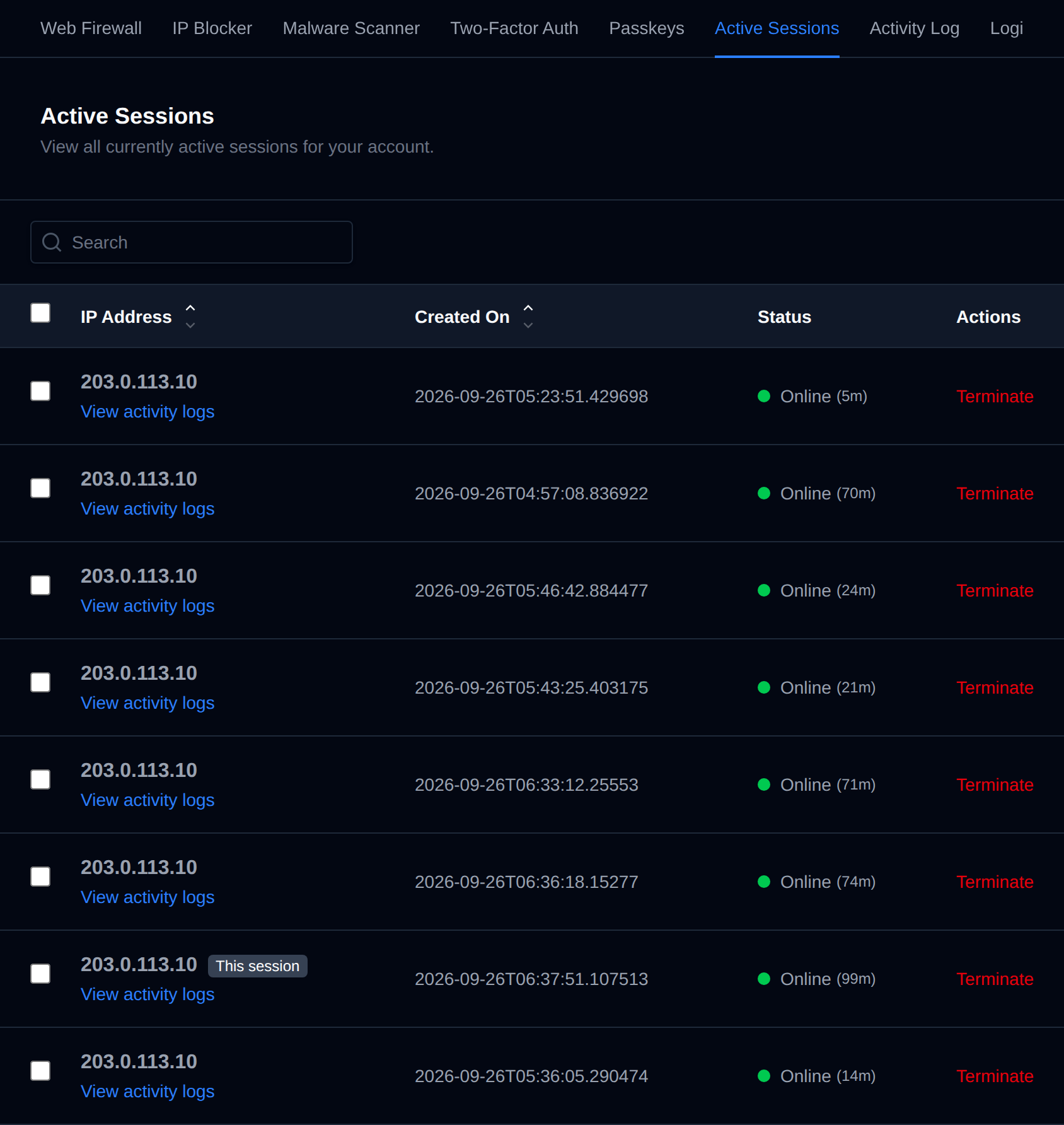 Active Sessions table with the IP address, creation time, online status and a Terminate action for each session