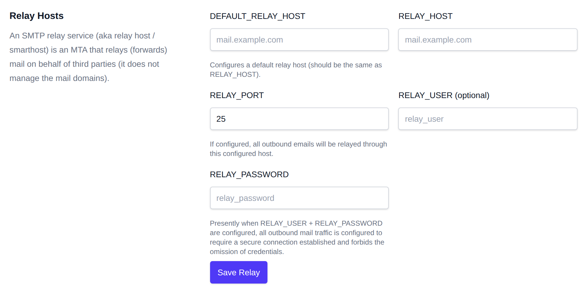 Relay Hosts section for sending mail through an external relay