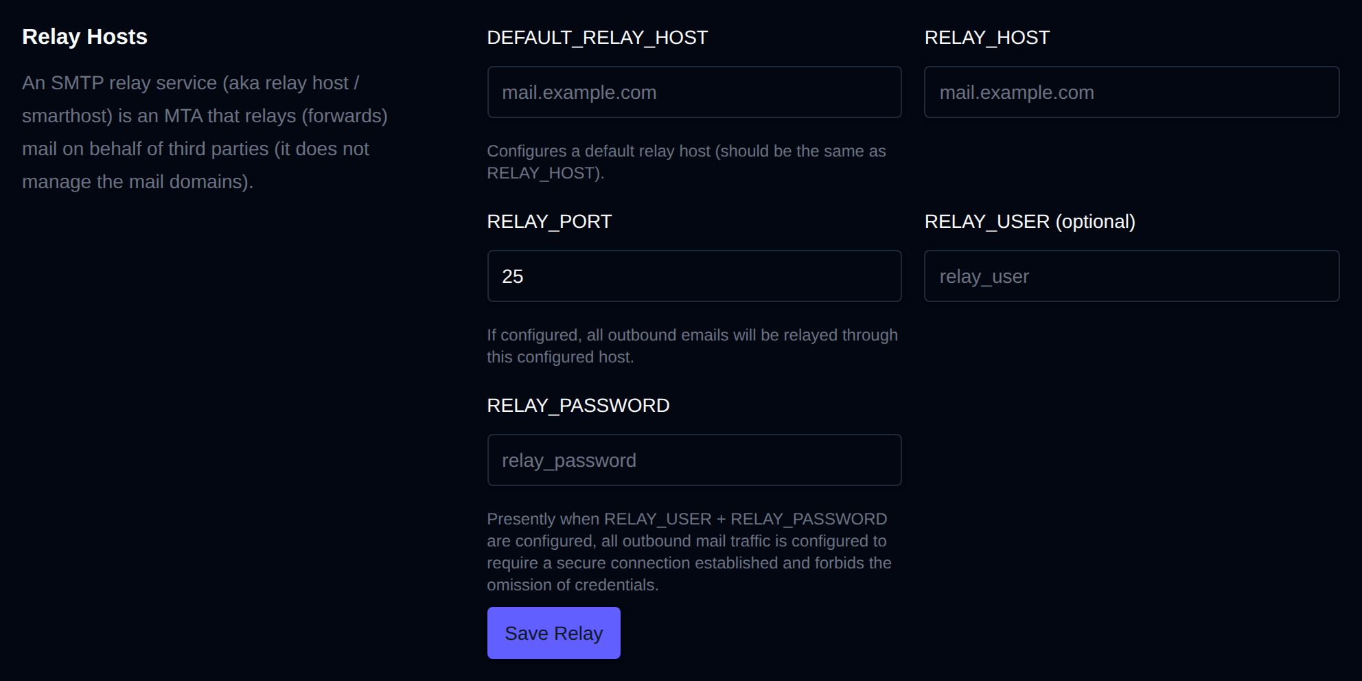 Relay Hosts section for sending mail through an external relay
